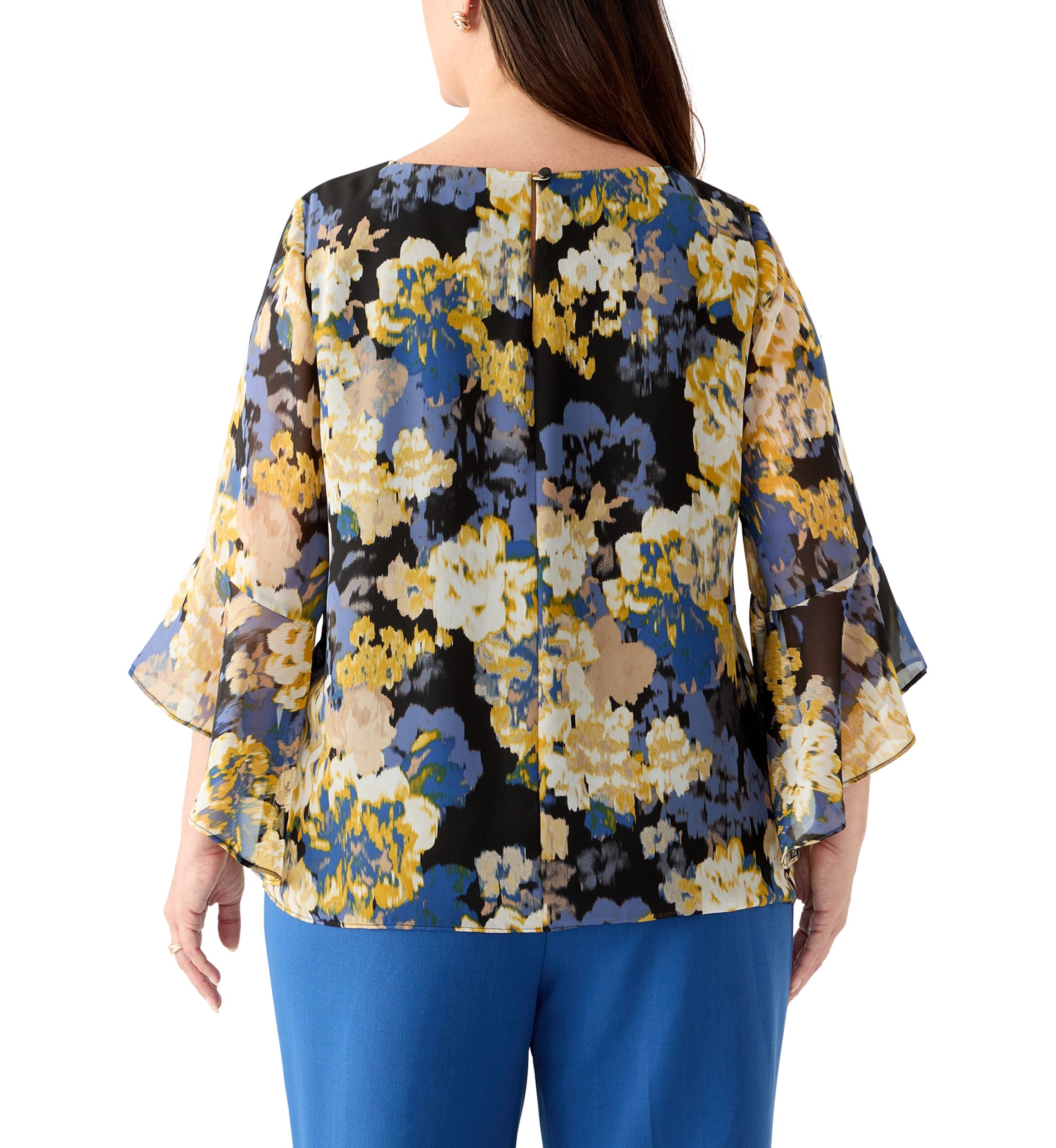 Plus Size Multi Floral Print Ruffle Sleeve Blouse