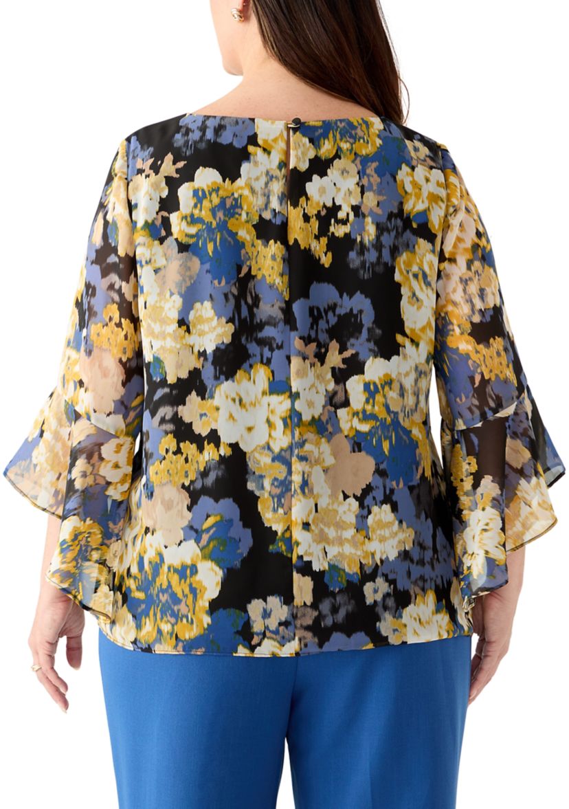 Plus Size Multi Floral Print Ruffle Sleeve Blouse