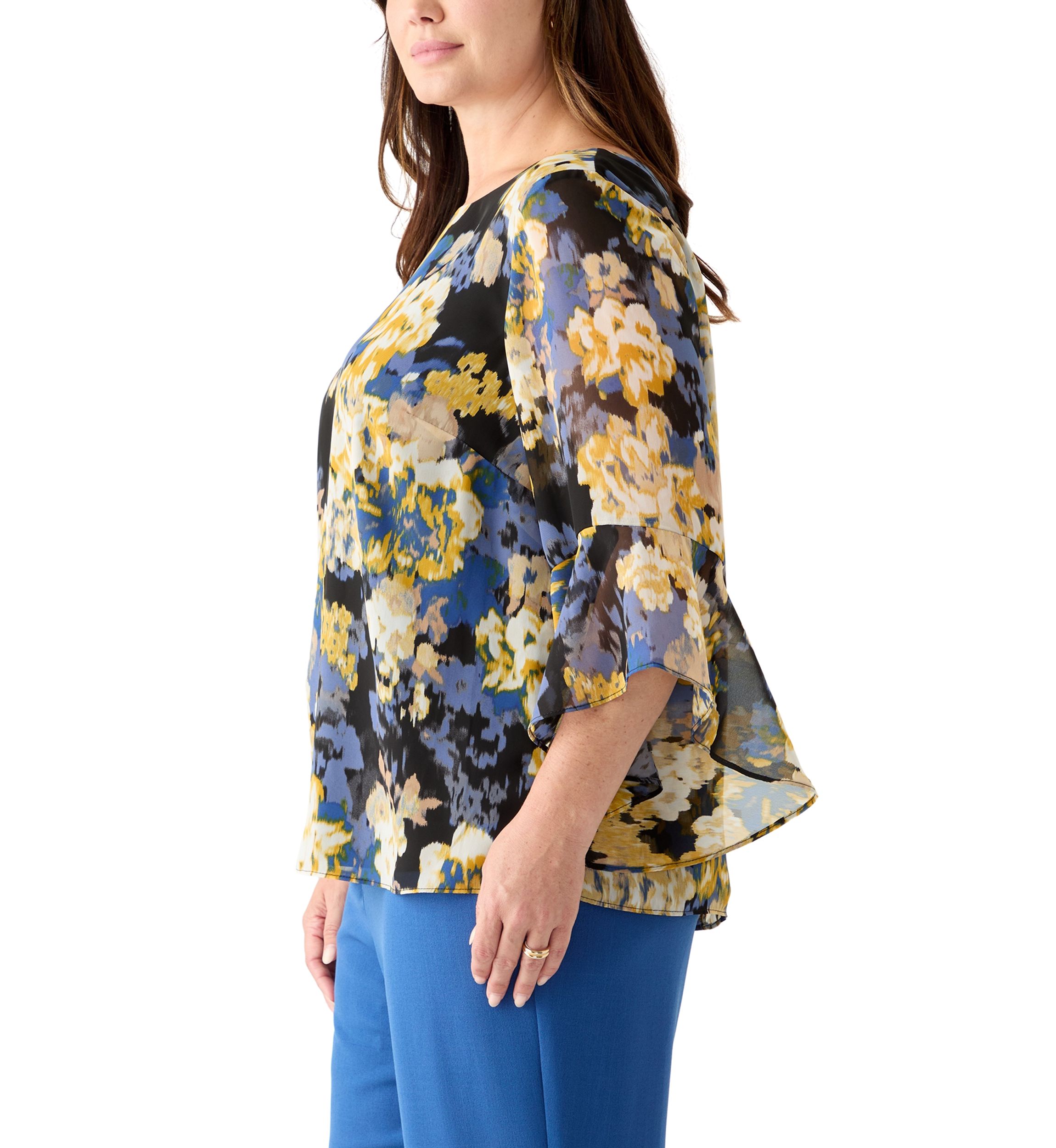 Plus Size Multi Floral Print Ruffle Sleeve Blouse