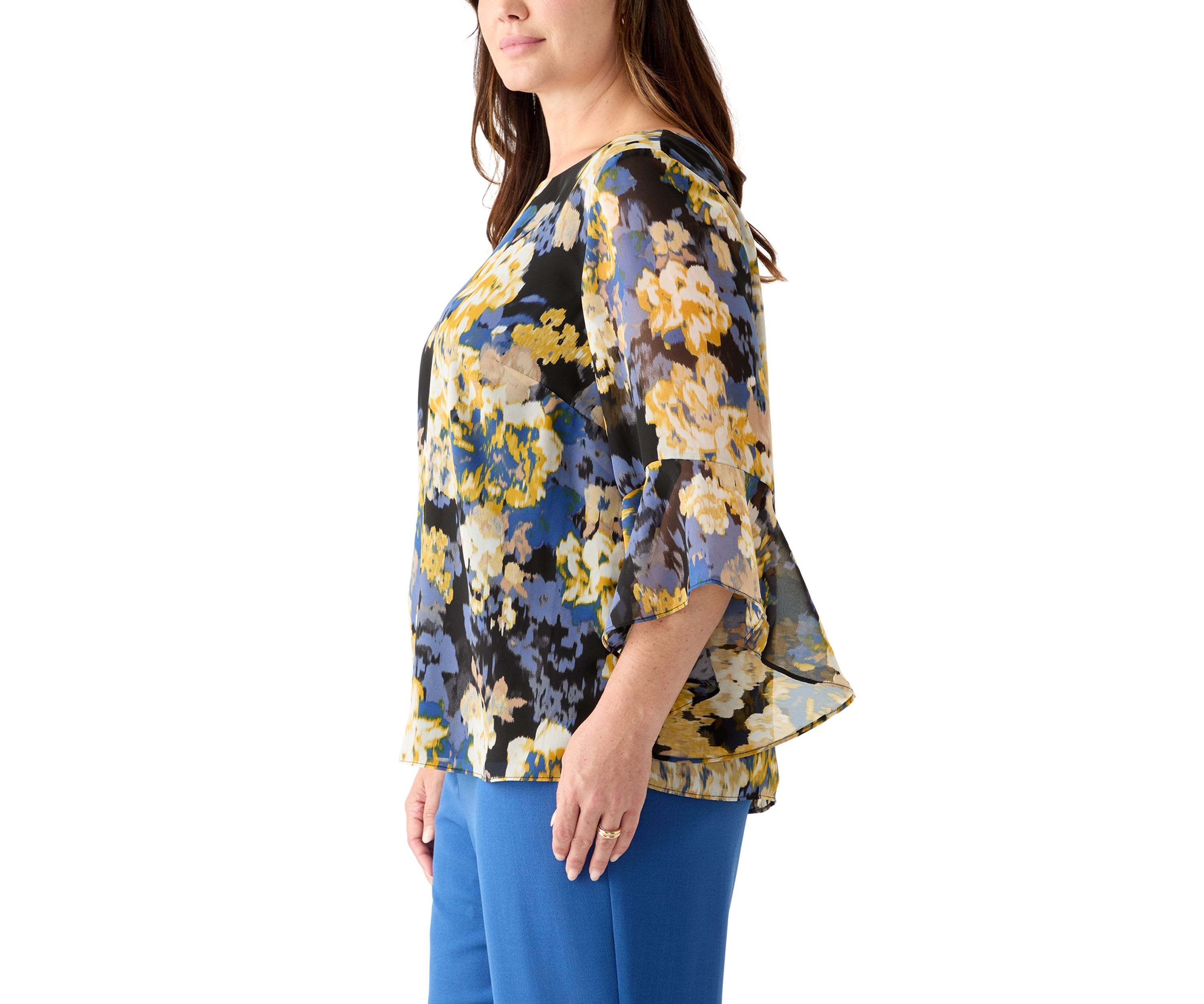 Plus Size Multi Floral Print Ruffle Sleeve Blouse