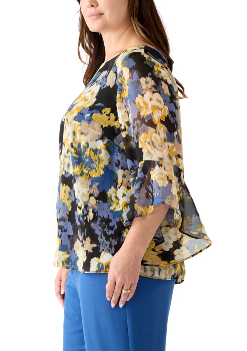 Plus Size Multi Floral Print Ruffle Sleeve Blouse