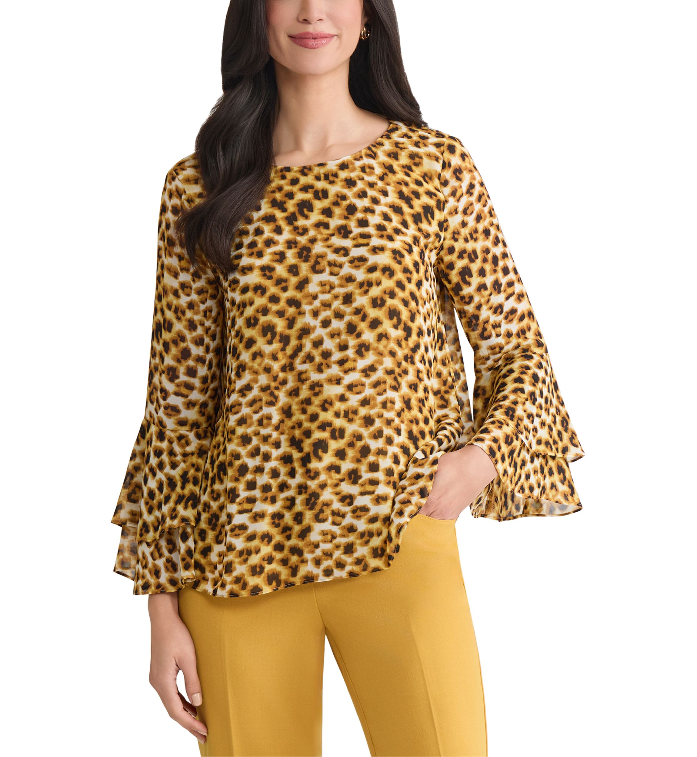 Womens Animal Print Tiered Bell Sleeve Blouse 