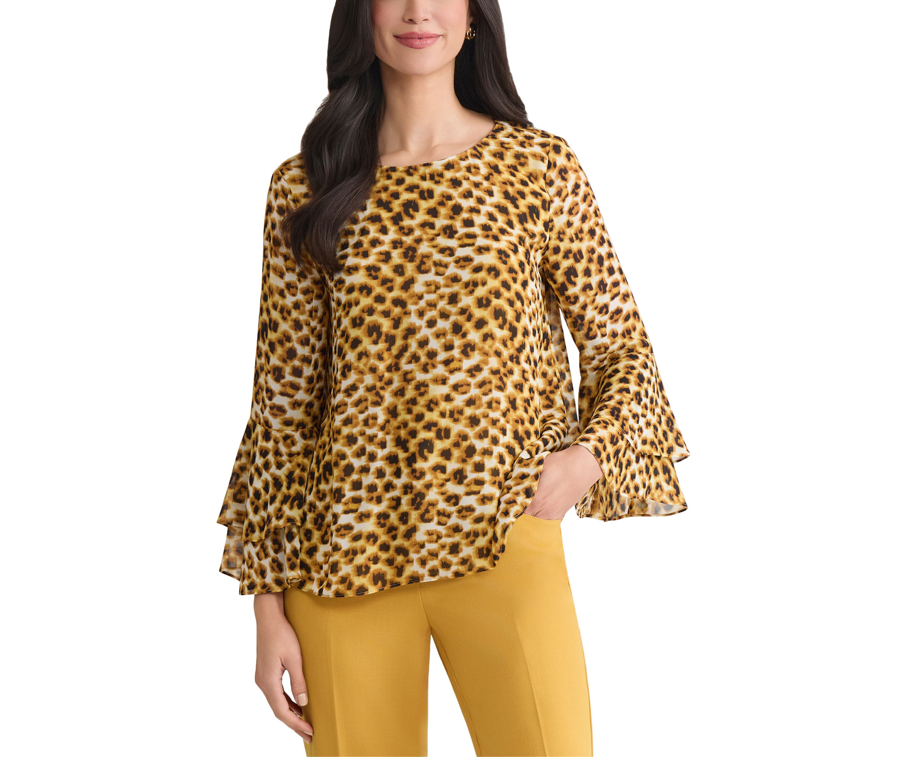 Womens Animal Print Tiered Bell Sleeve Blouse 