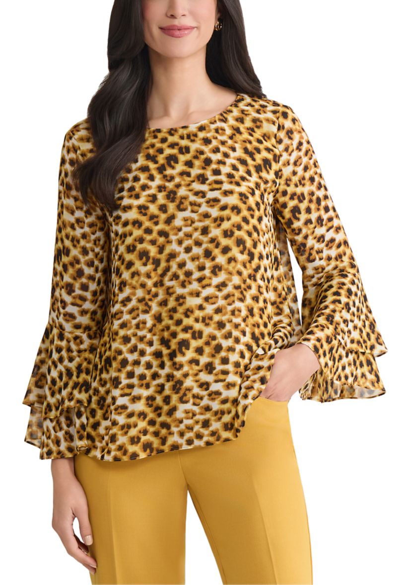 Womens Animal Print Tiered Bell Sleeve Blouse 