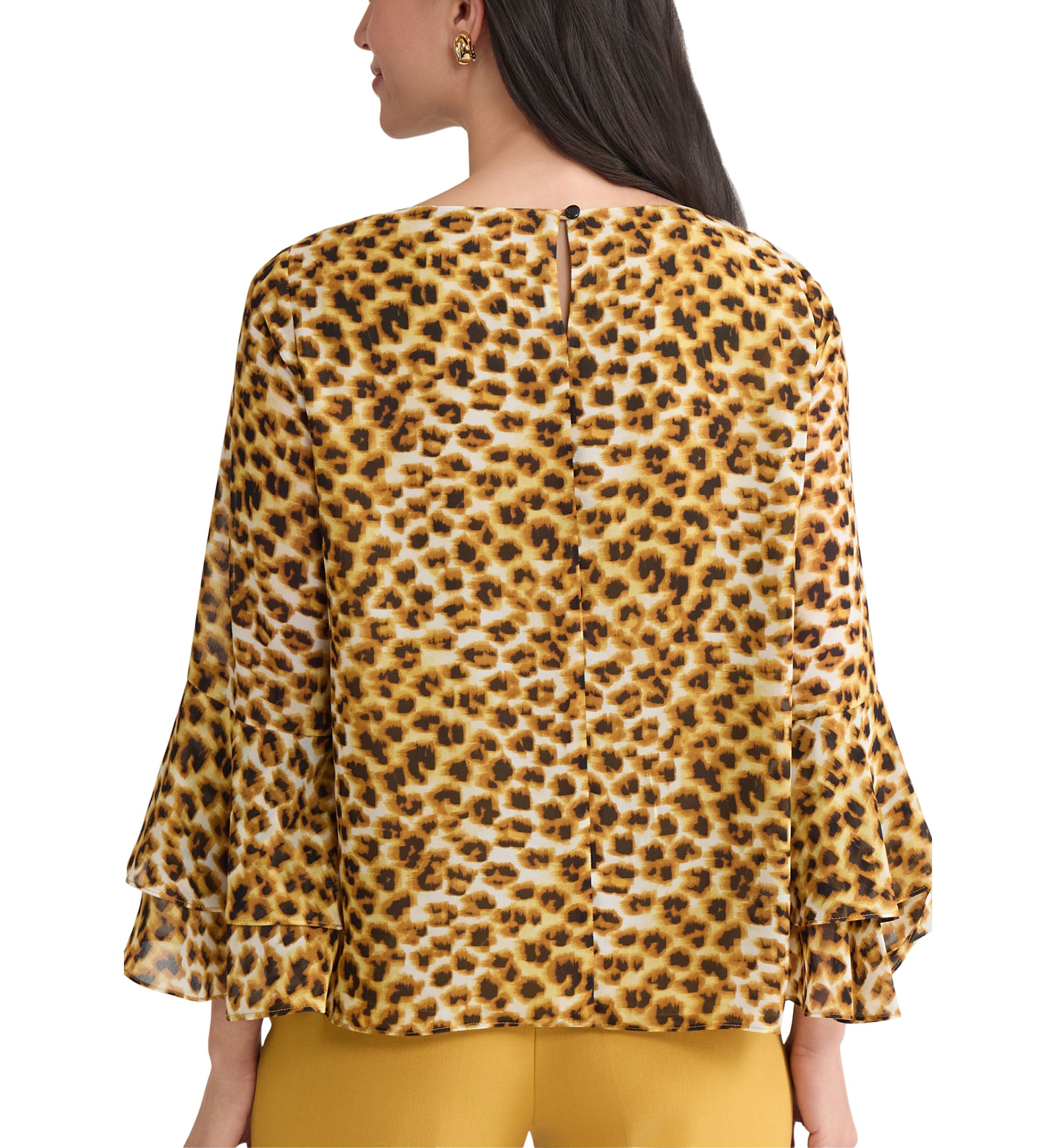 Womens Animal Print Tiered Bell Sleeve Blouse 
