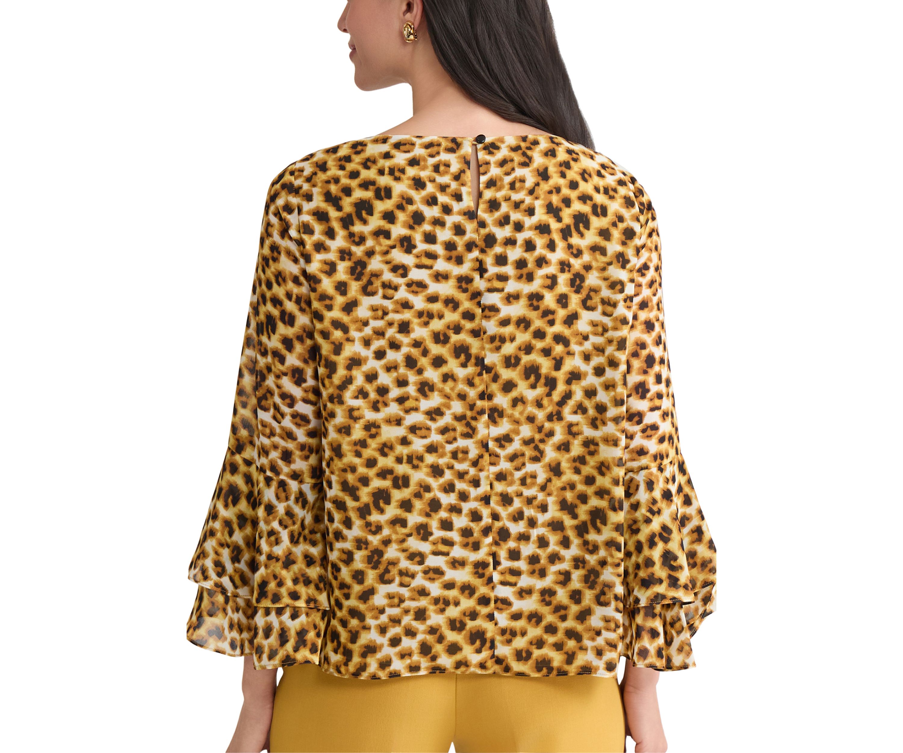 Womens Animal Print Tiered Bell Sleeve Blouse 