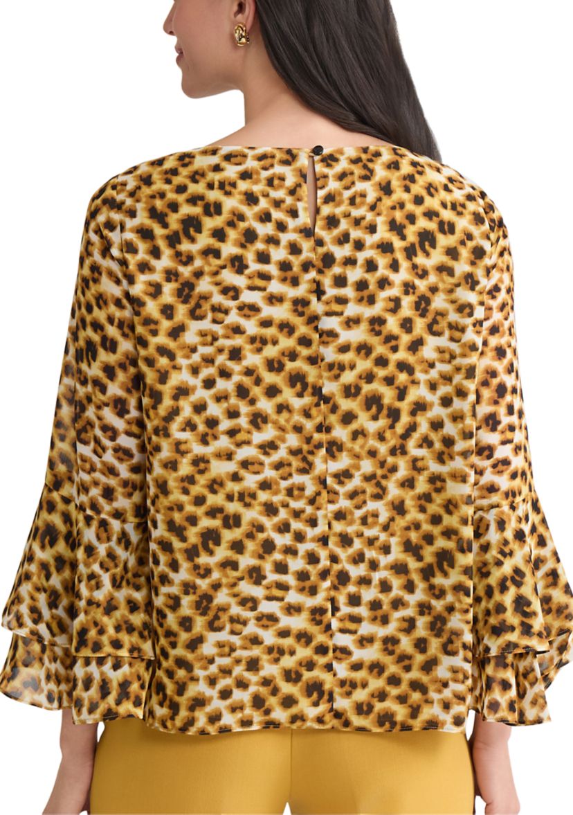 Womens Animal Print Tiered Bell Sleeve Blouse 