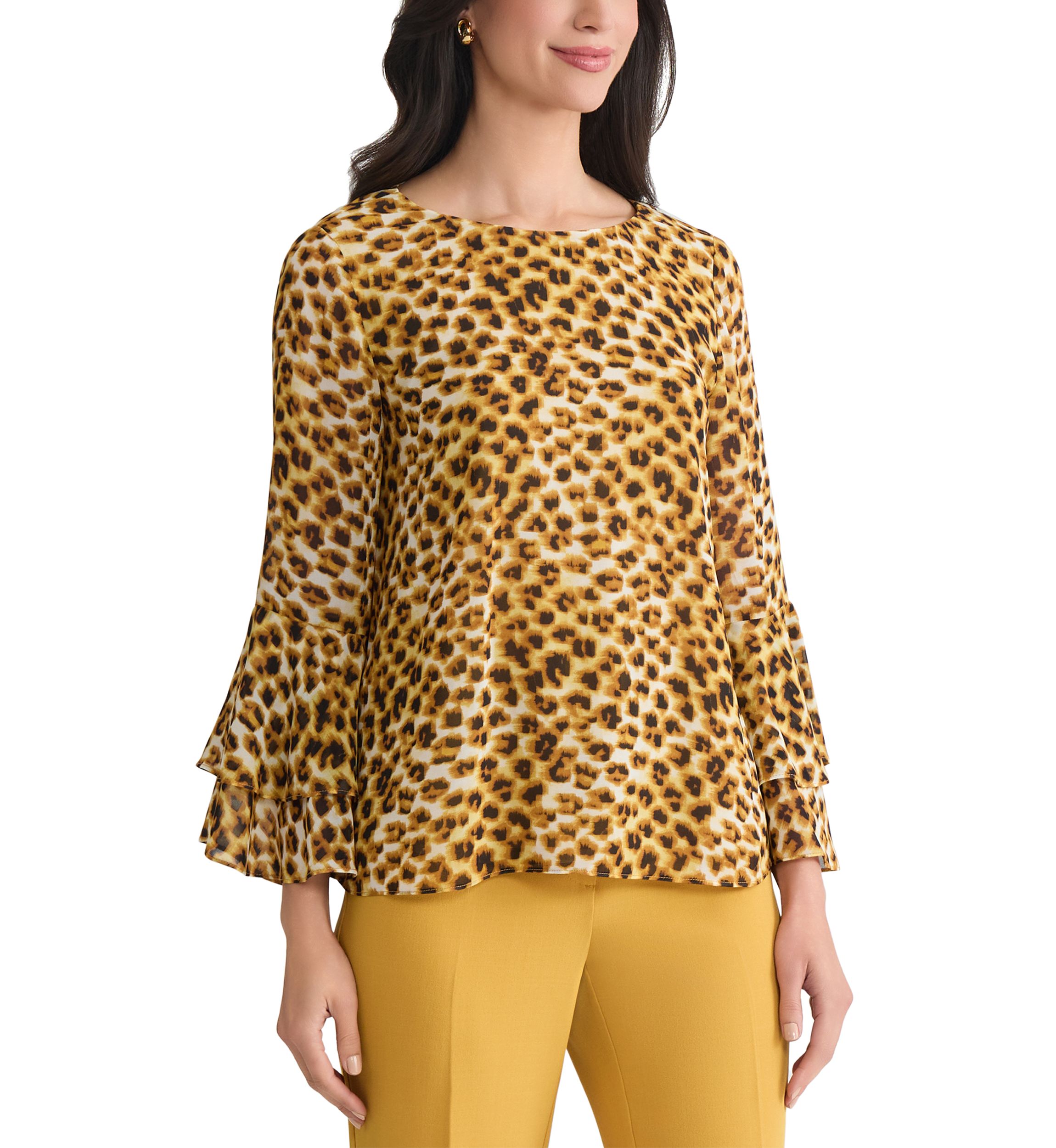 Womens Animal Print Tiered Bell Sleeve Blouse 