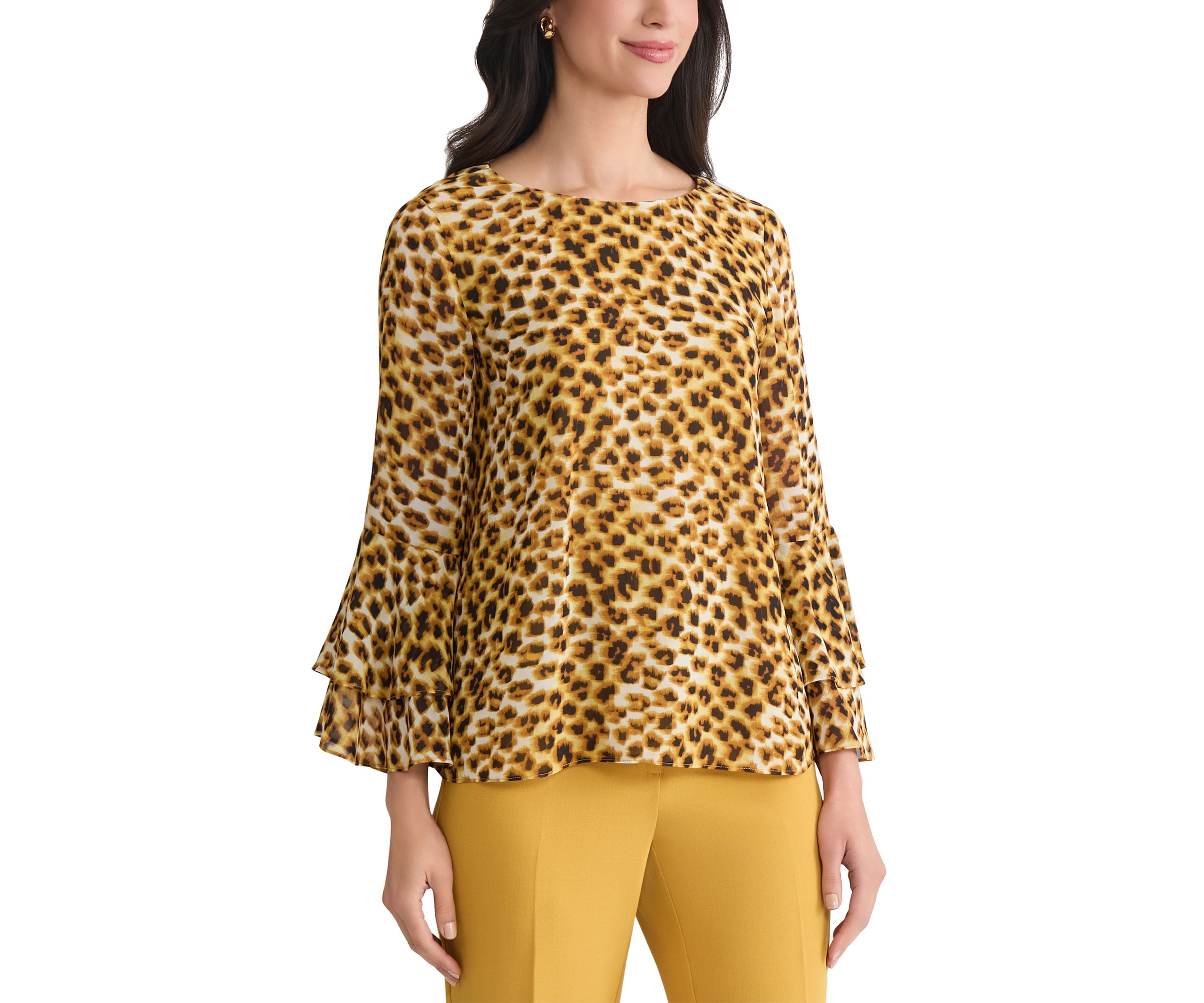 Womens Animal Print Tiered Bell Sleeve Blouse 