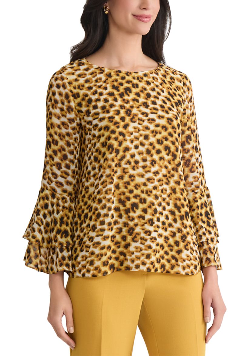 Womens Animal Print Tiered Bell Sleeve Blouse 