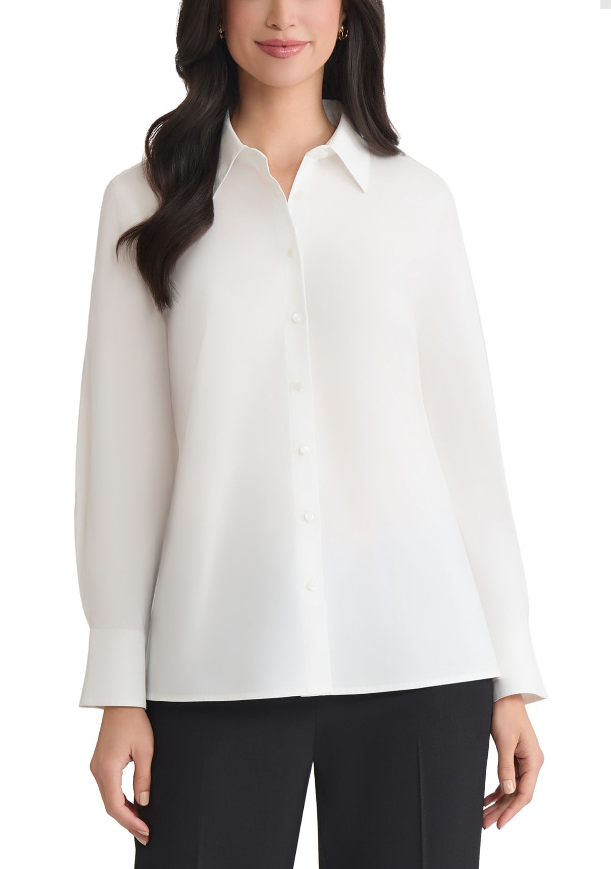 Petite Poplin Button Front Long Sleeve Shirt 
