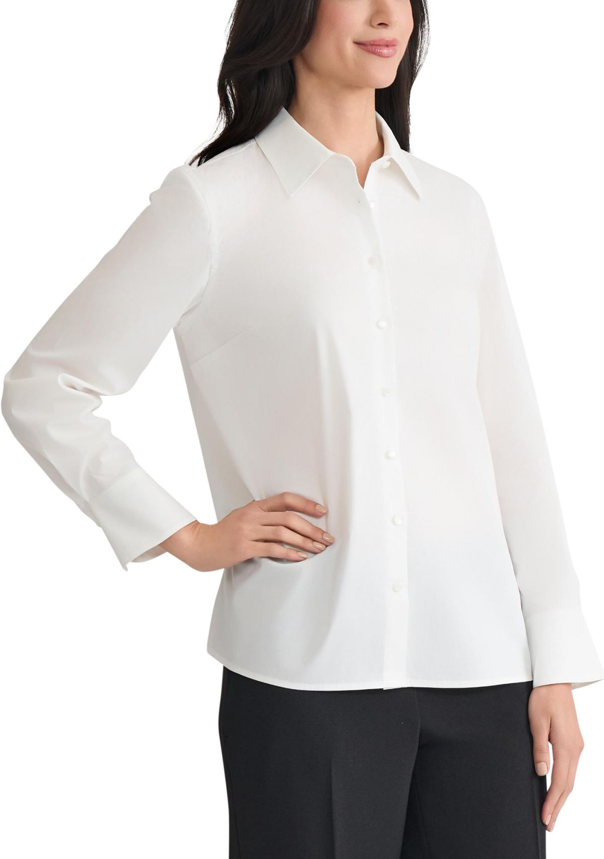 Petite Poplin Button Front Long Sleeve Shirt 