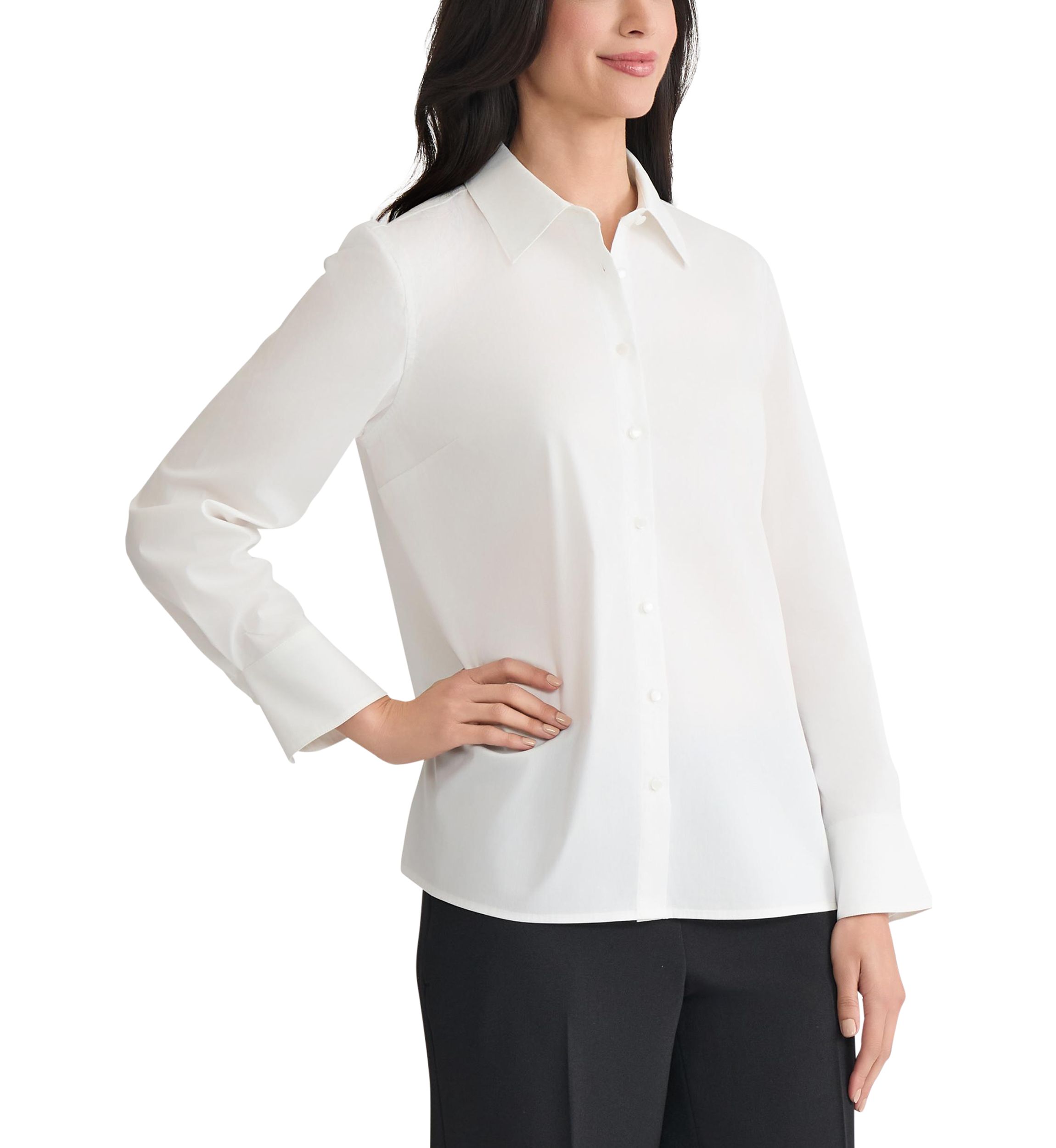 Petite Poplin Button Front Long Sleeve Shirt 