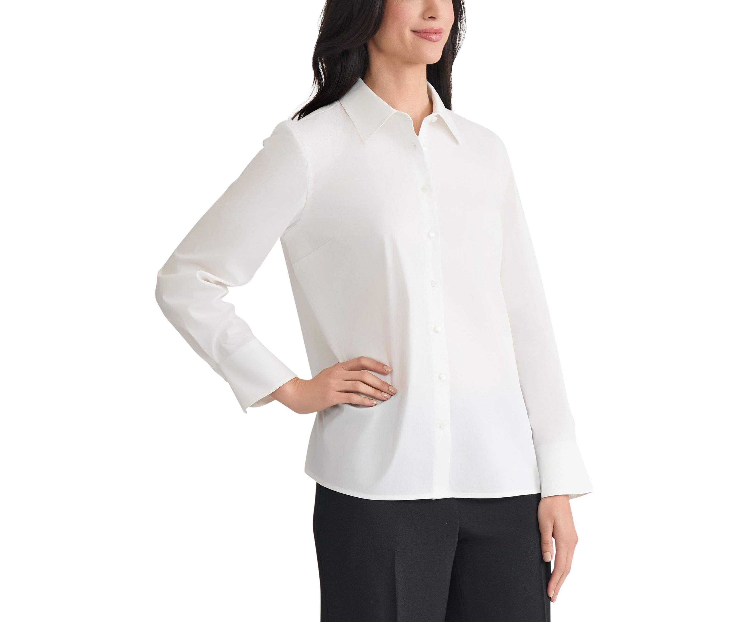 Petite Poplin Button Front Long Sleeve Shirt 