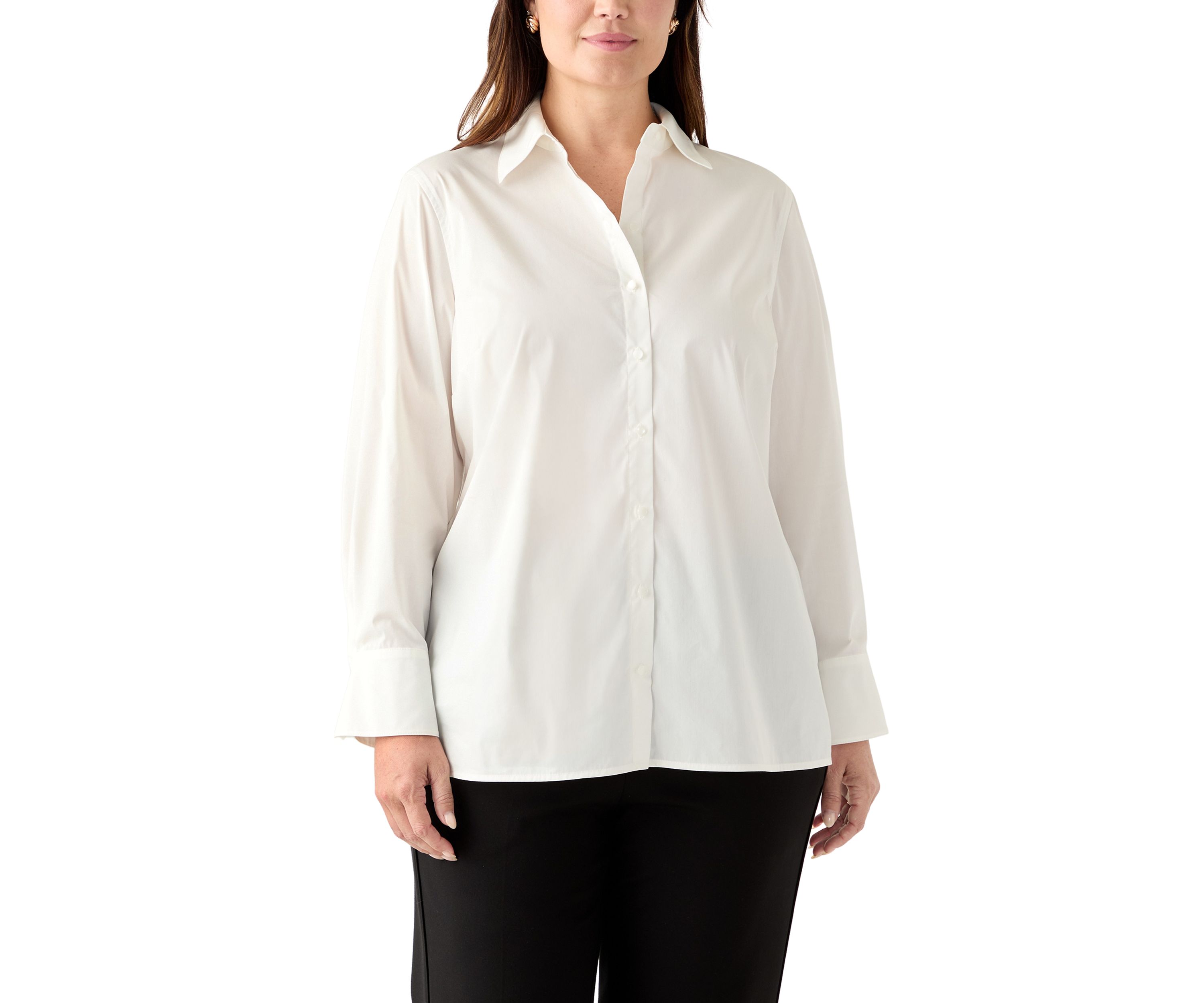 Plus Size Poplin Button Front Long Sleeve Top