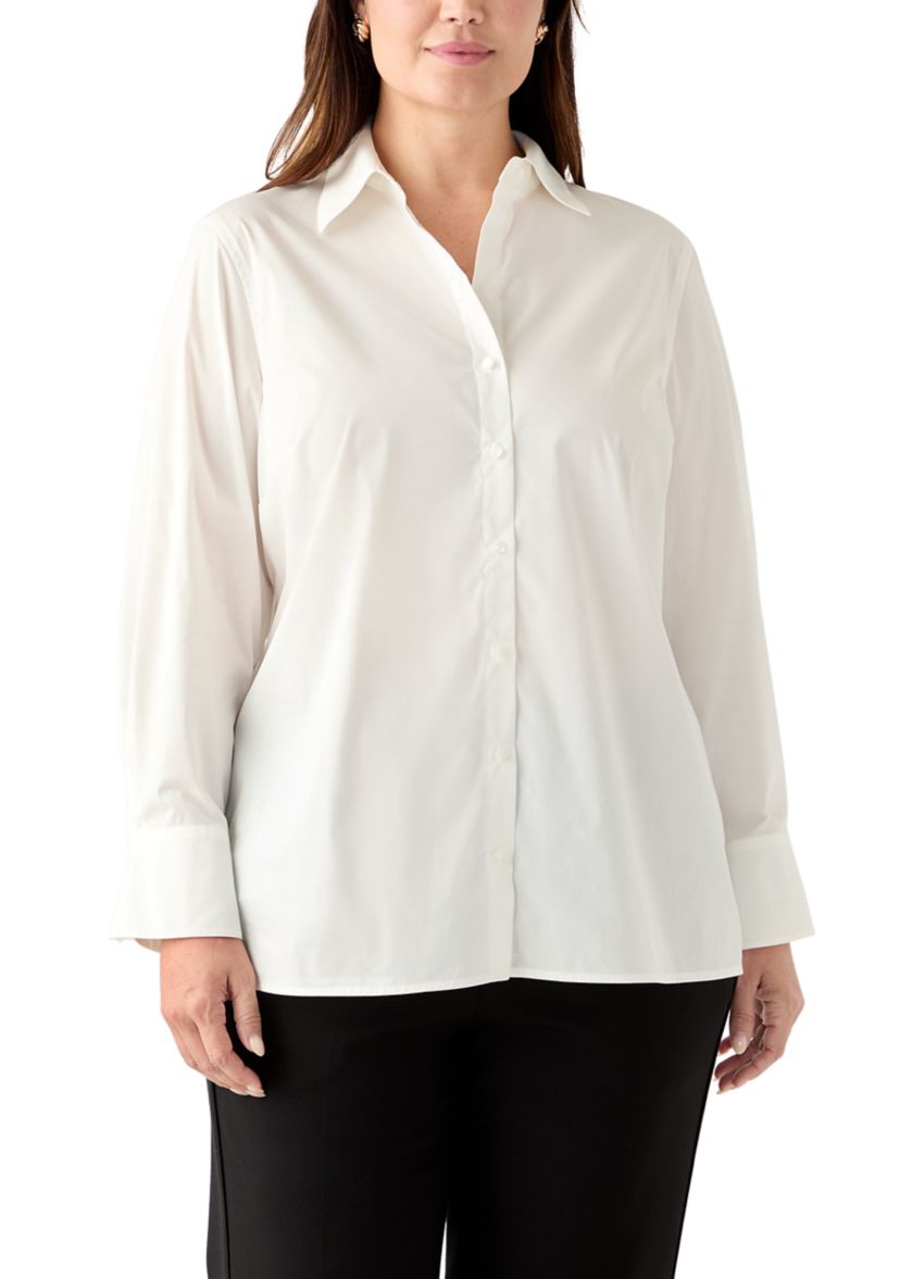 Plus Size Poplin Button Front Long Sleeve Top