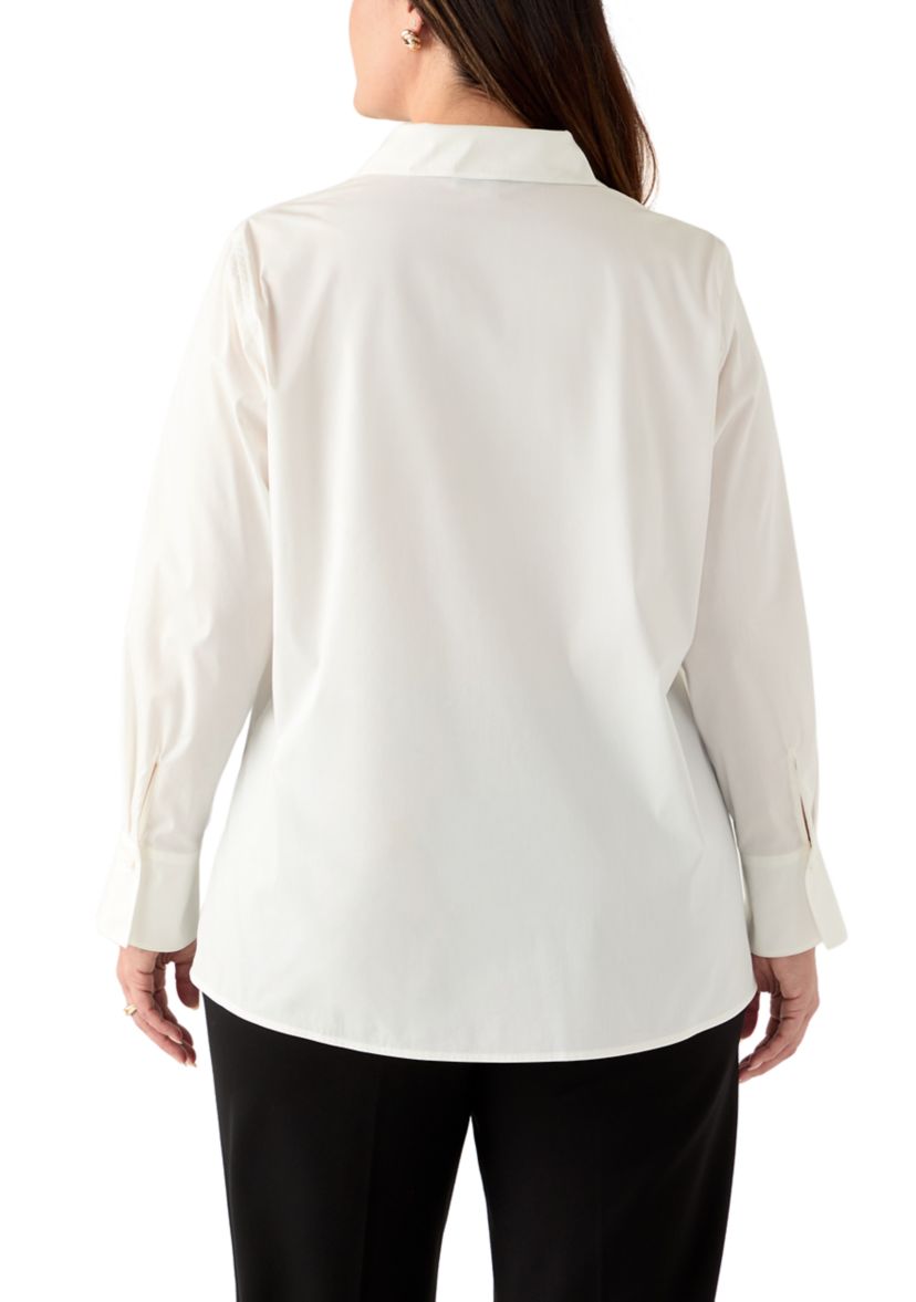 Plus Size Poplin Button Front Long Sleeve Top