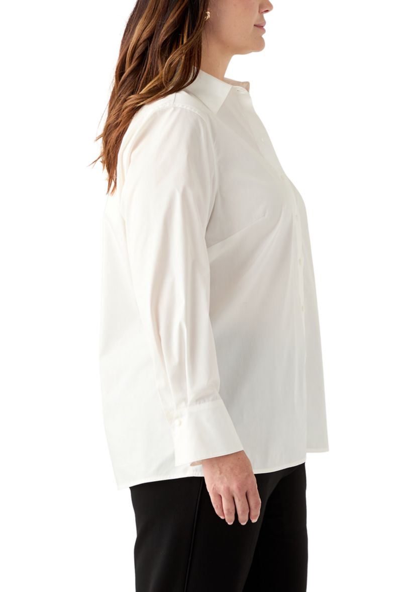 Plus Size Poplin Button Front Long Sleeve Top