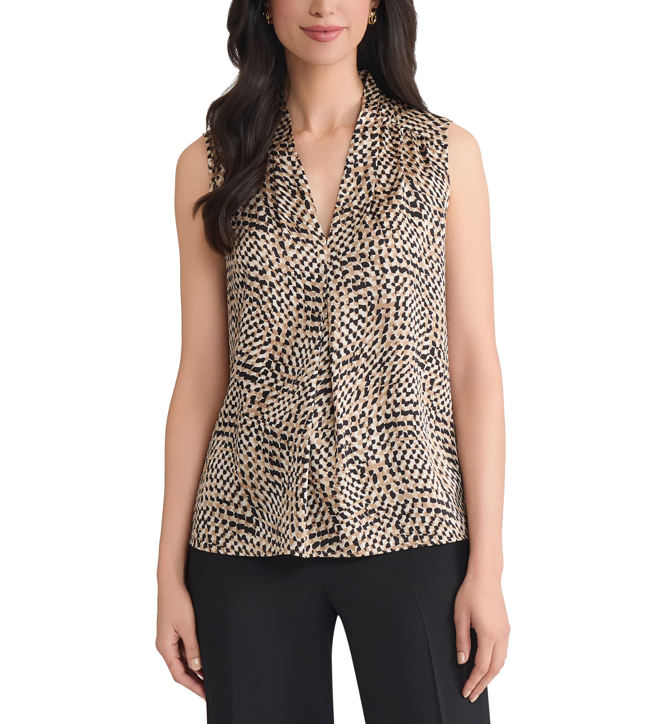 Womens Abstract Print Sleeveless V-Neck Blouse 