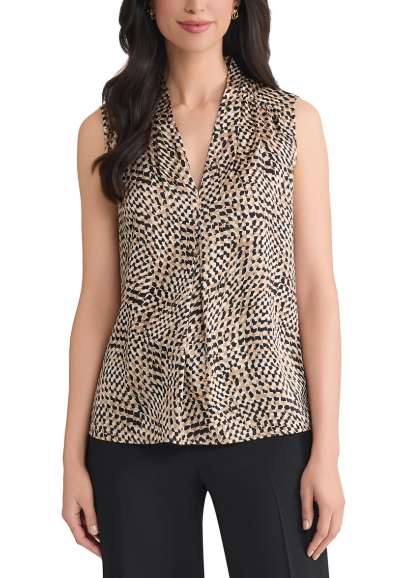 Womens Abstract Print Sleeveless V-Neck Blouse 