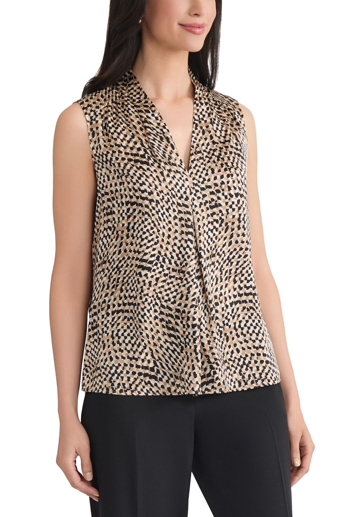 Womens Abstract Print Sleeveless V-Neck Blouse 