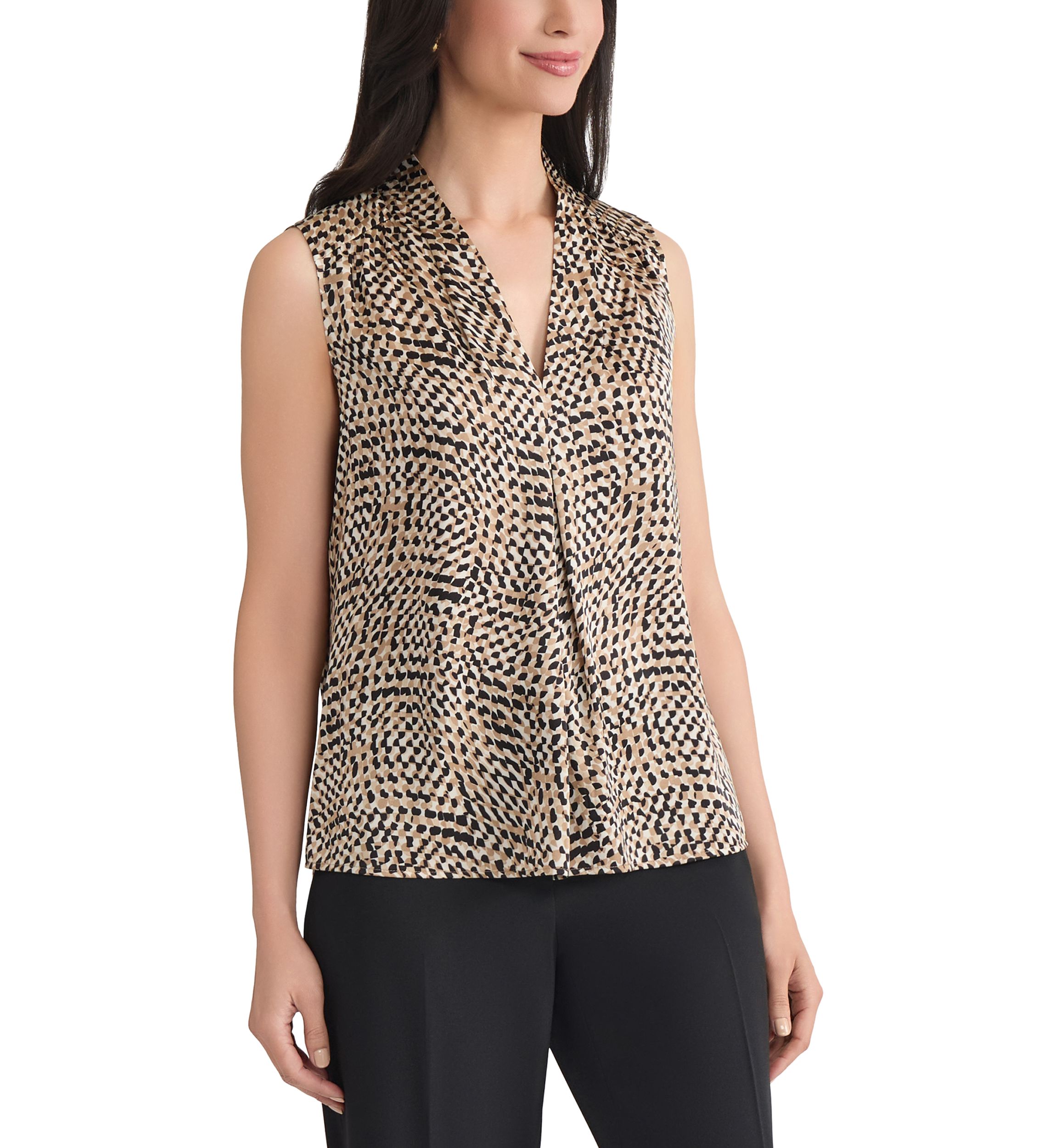 Womens Abstract Print Sleeveless V-Neck Blouse 