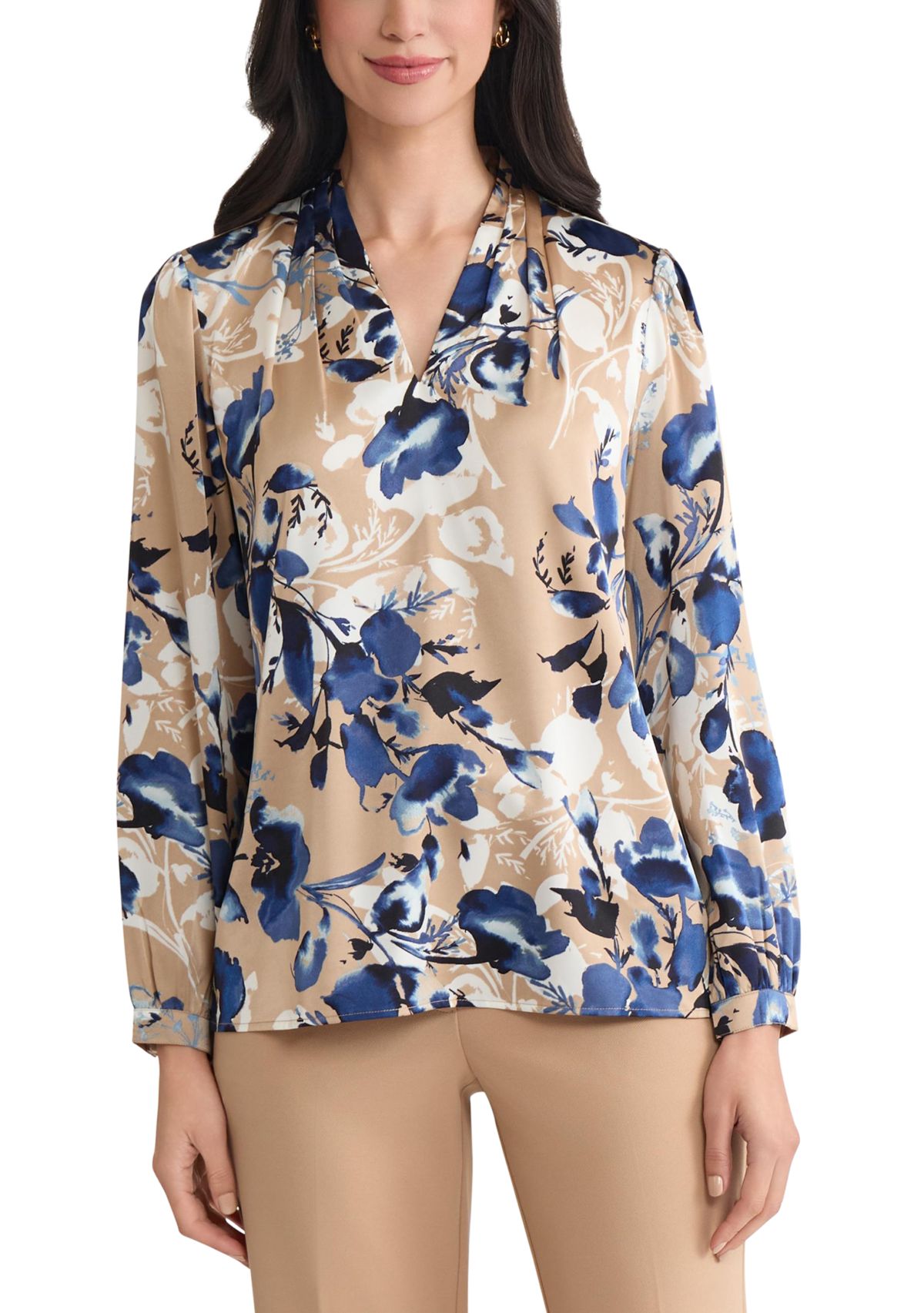 Womens Floral Print Long Sleeve V-Neck Blouse 