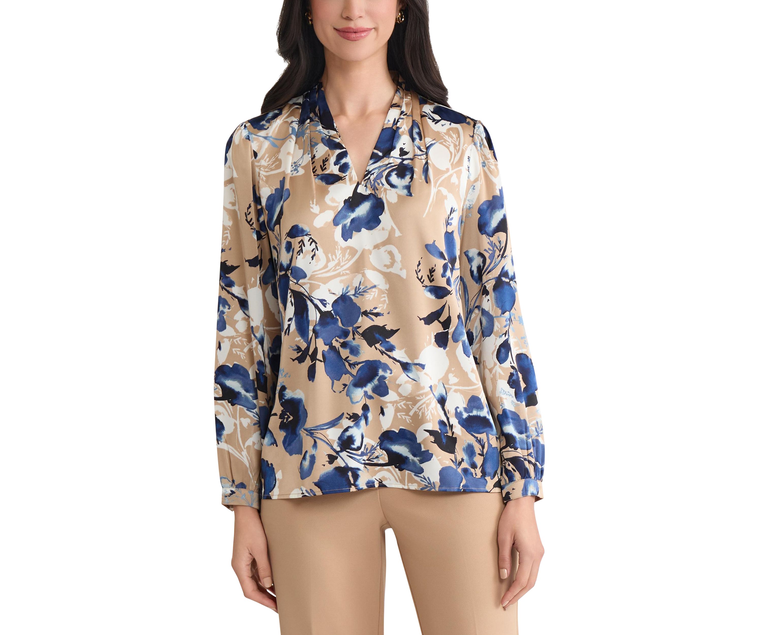 Womens Floral Print Long Sleeve V-Neck Blouse 