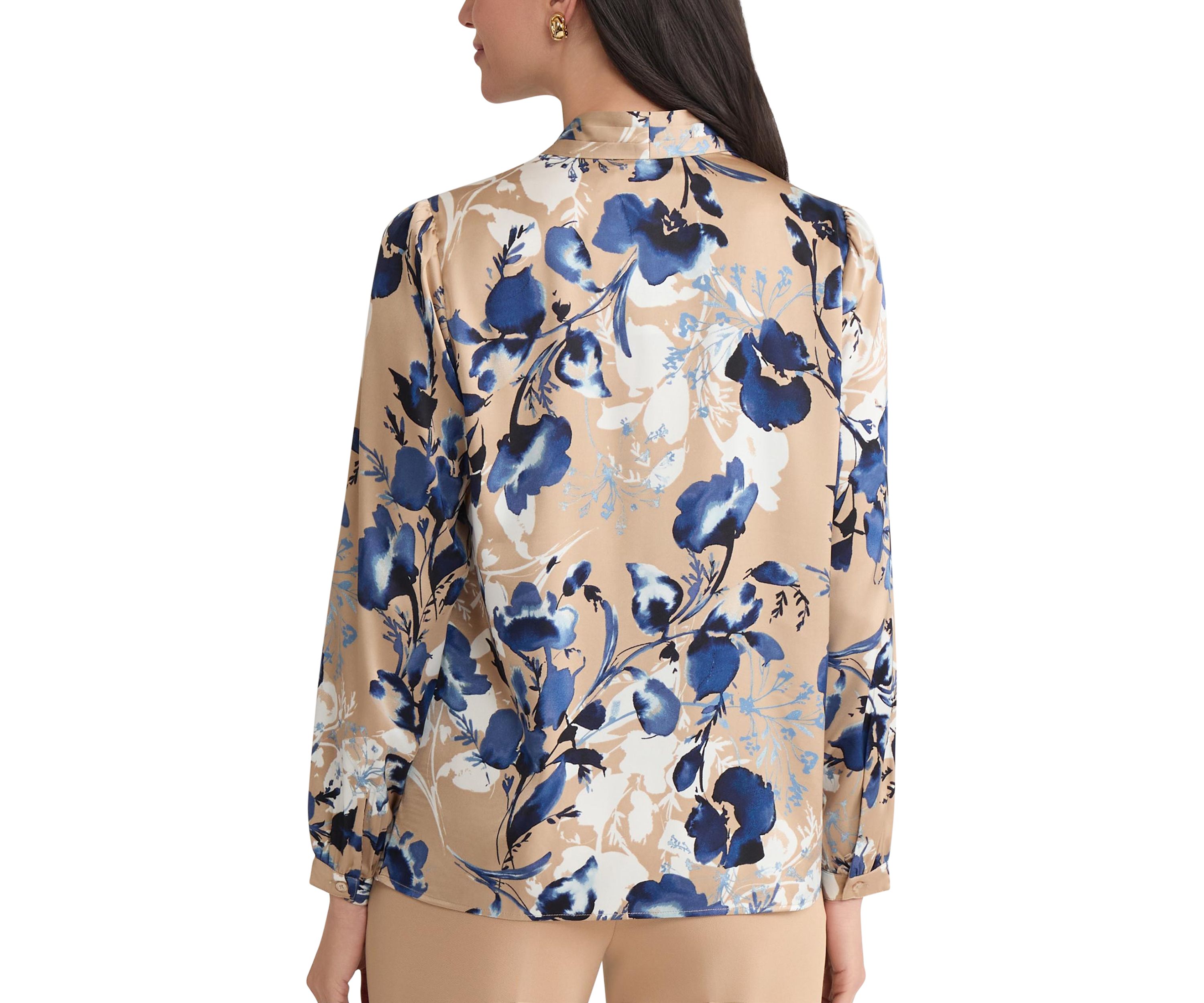 Womens Floral Print Long Sleeve V-Neck Blouse 