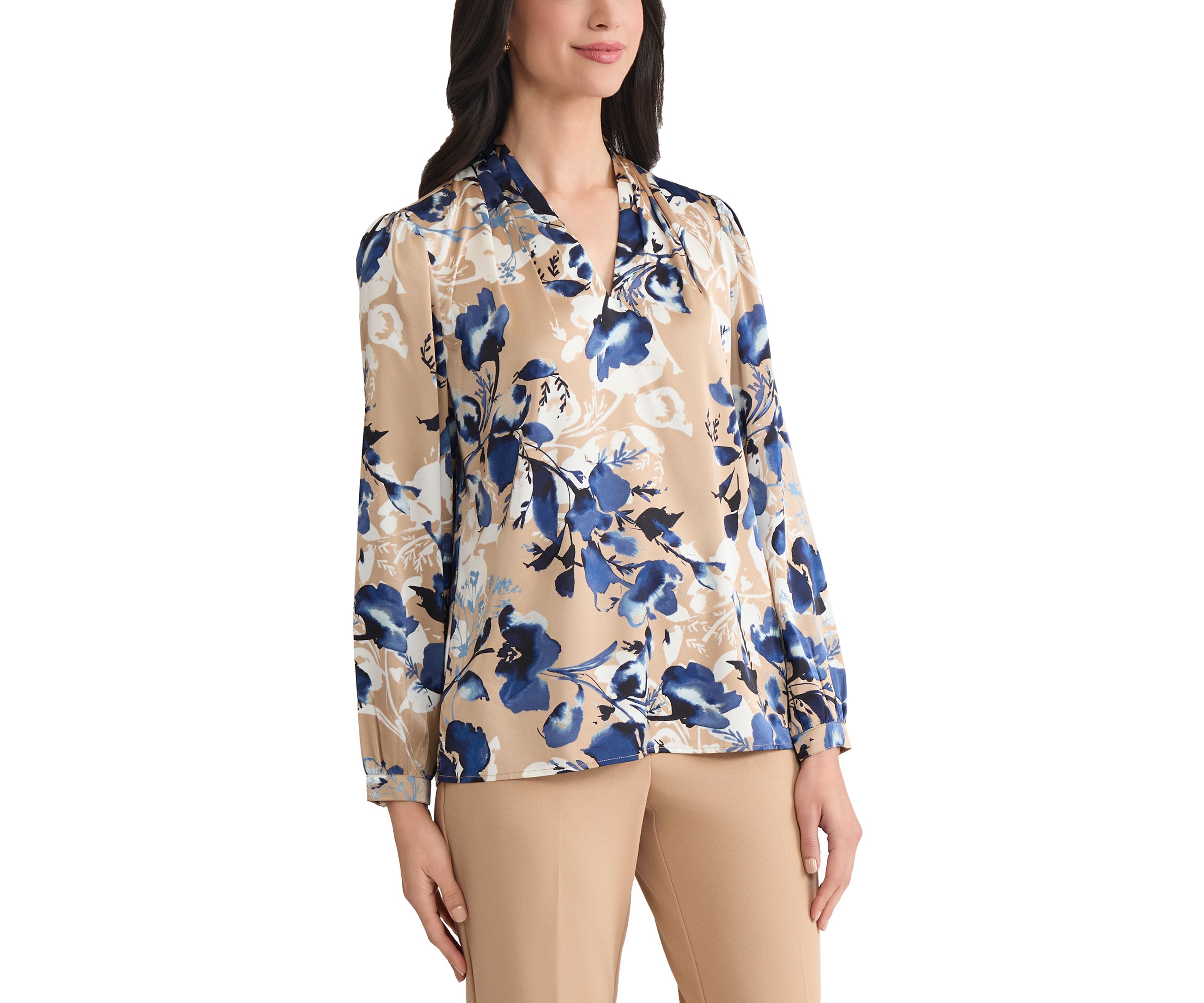Womens Floral Print Long Sleeve V-Neck Blouse 
