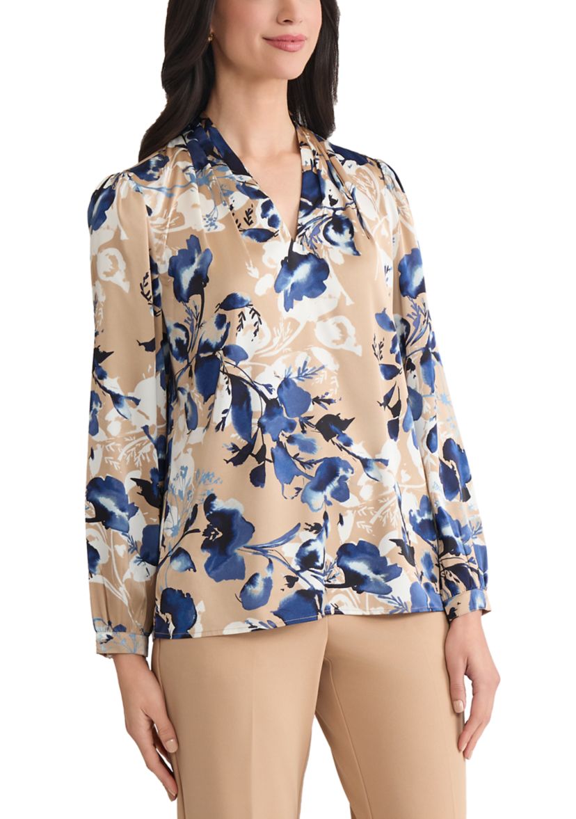 Womens Floral Print Long Sleeve V-Neck Blouse 
