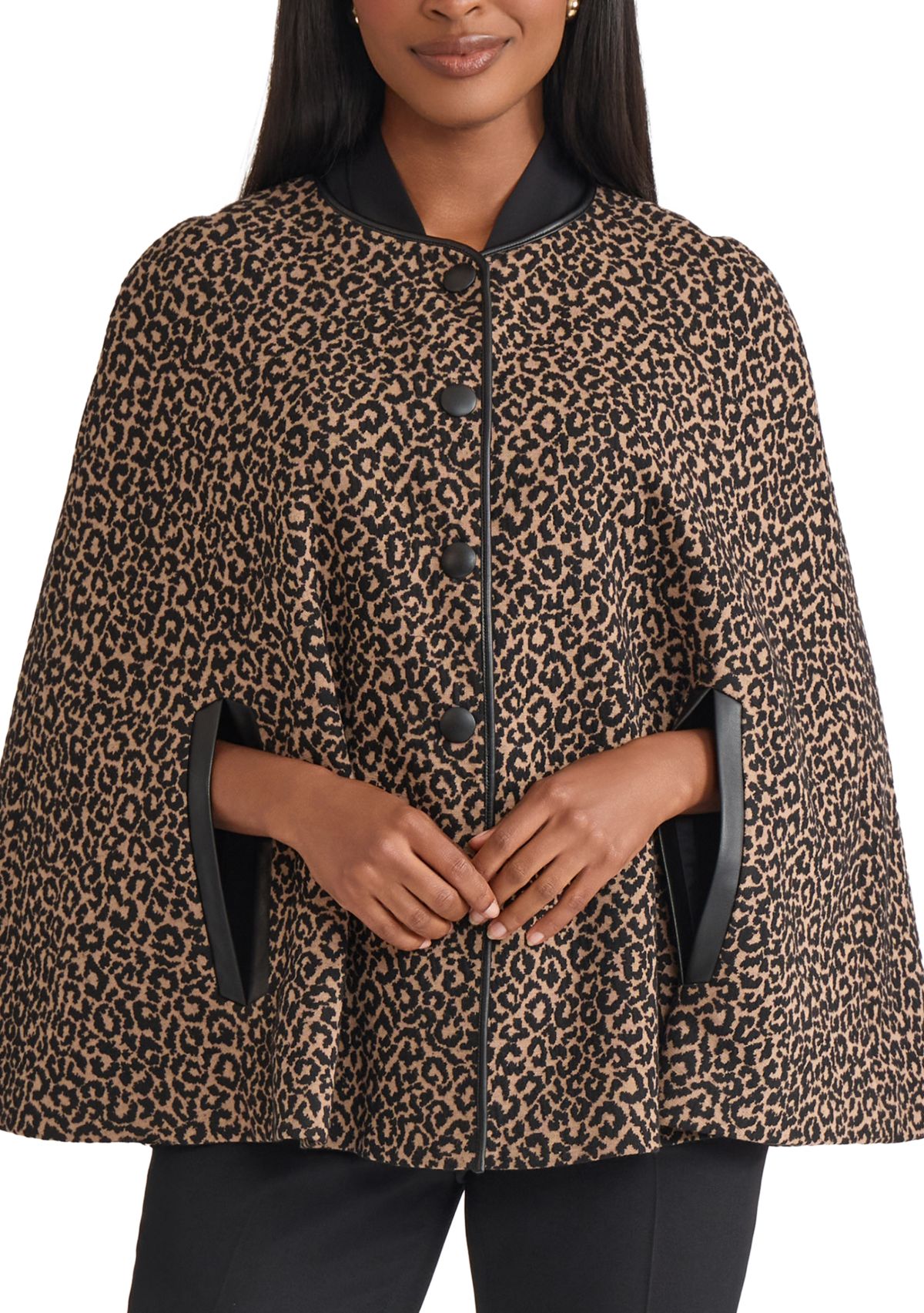 Womens Animal Jacquard Cape with Leather Trim 