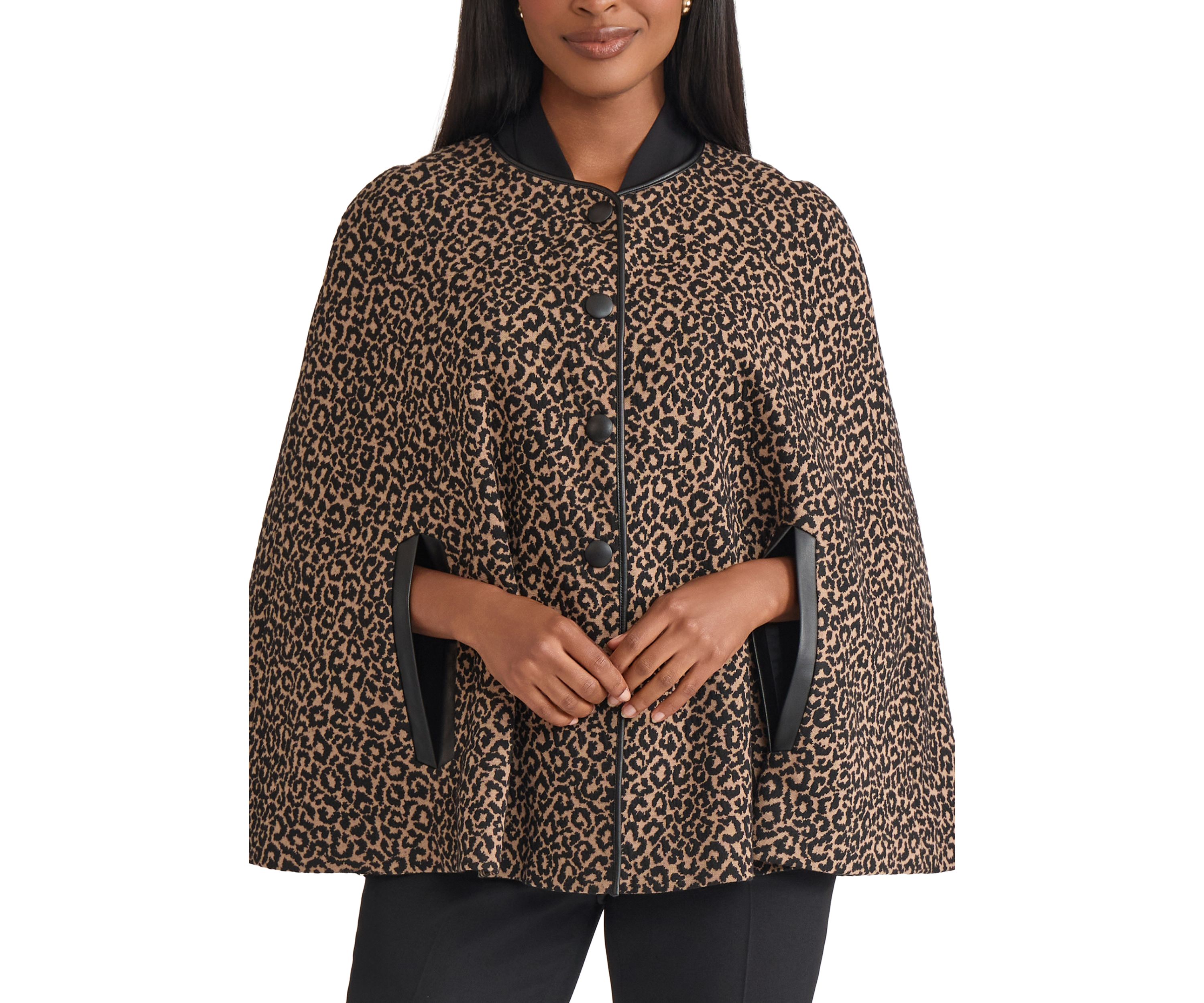 Womens Animal Jacquard Cape with Leather Trim 