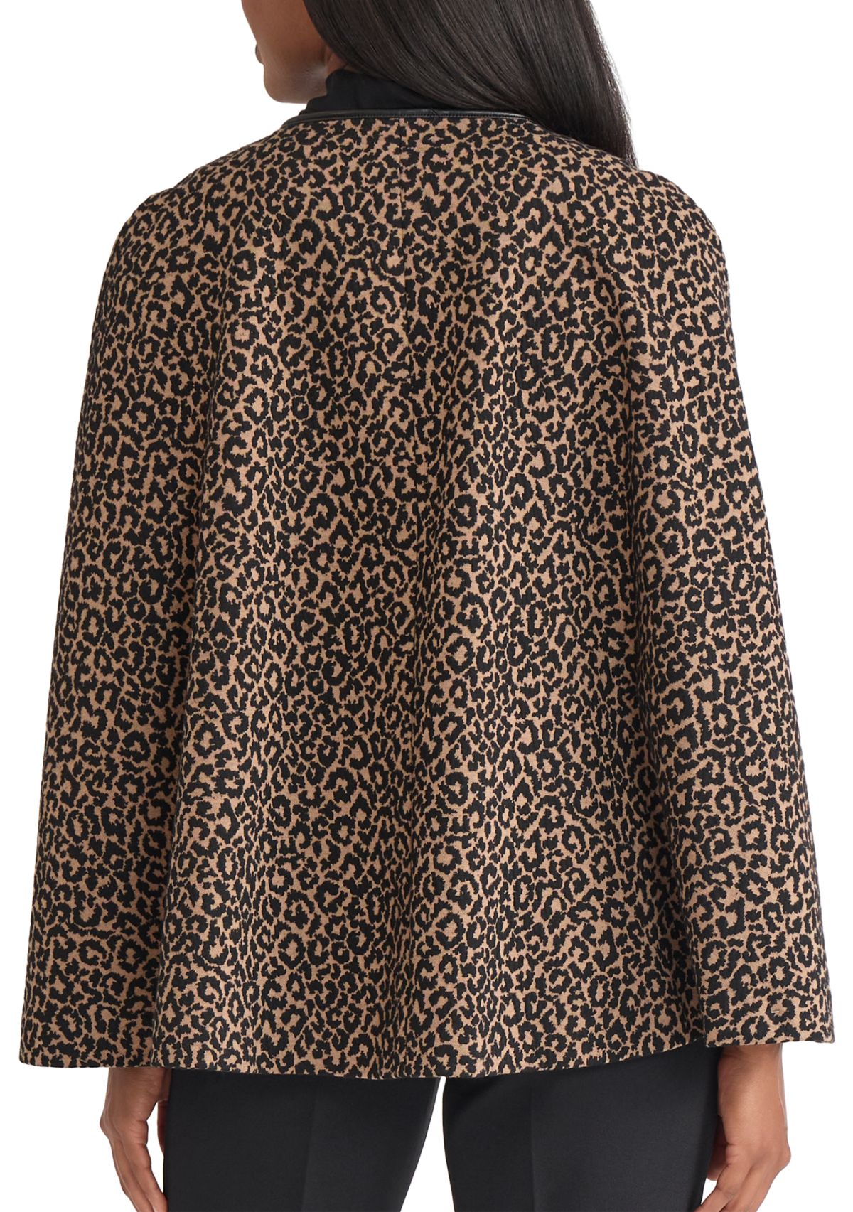 Womens Animal Jacquard Cape with Leather Trim 