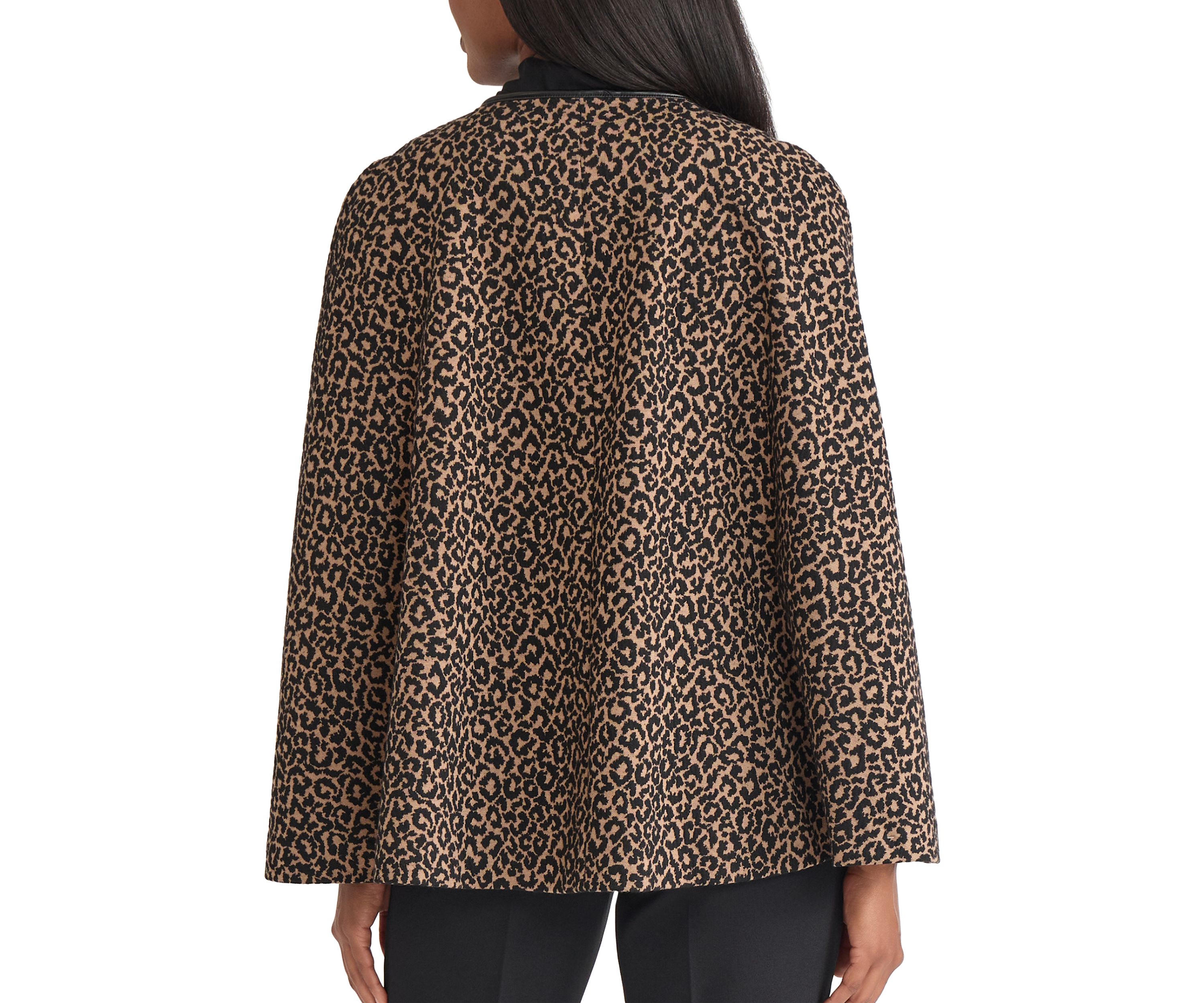 Womens Animal Jacquard Cape with Leather Trim 