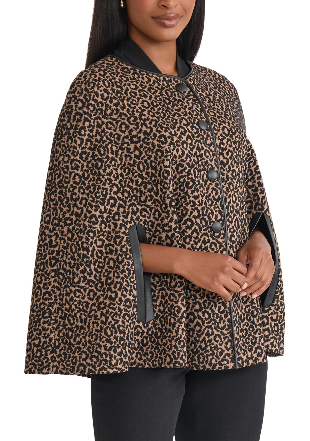 Womens Animal Jacquard Cape with Leather Trim 