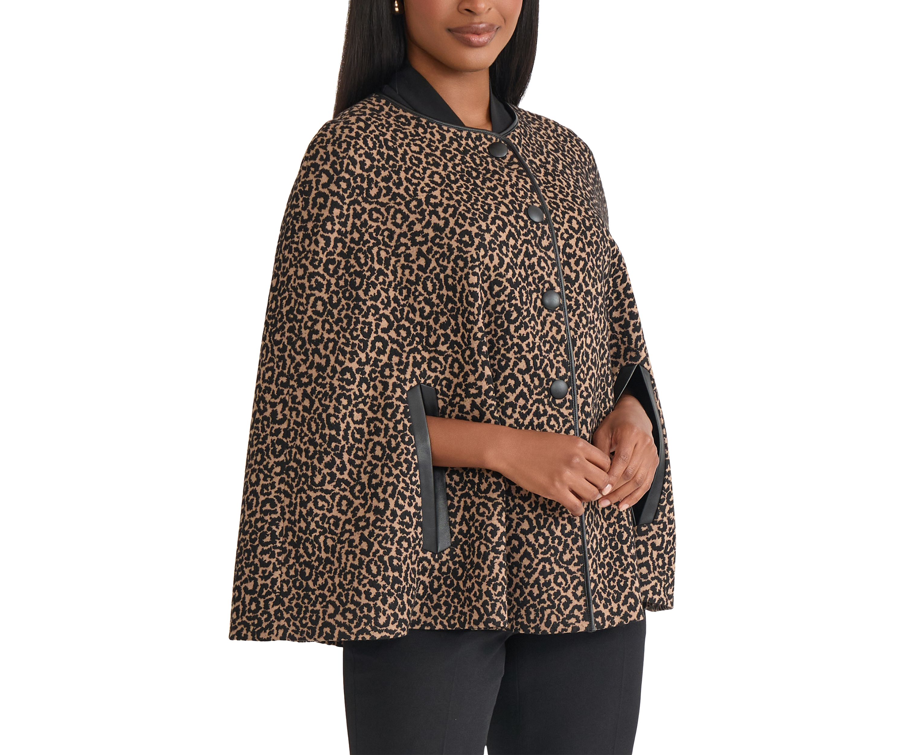 Womens Animal Jacquard Cape with Leather Trim 