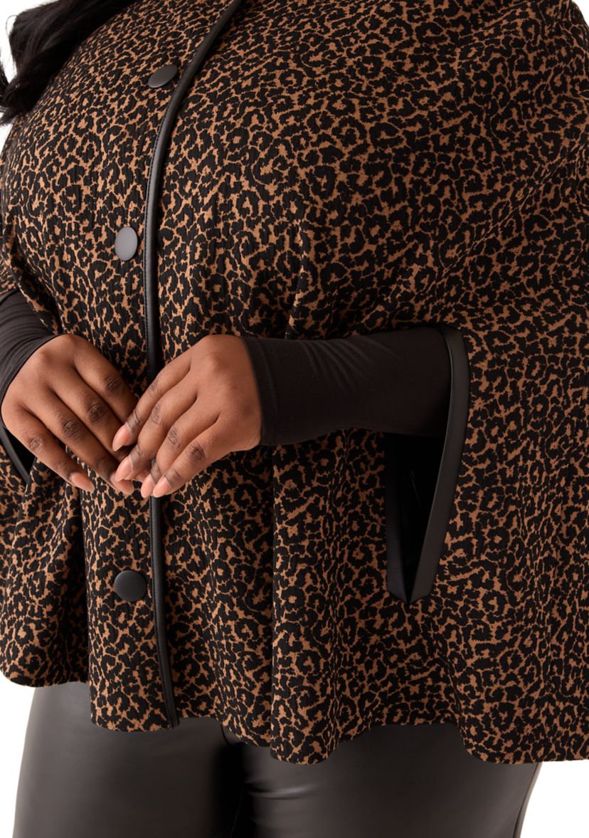 Plus Size Animal Jacquard Cape with Leather Trim