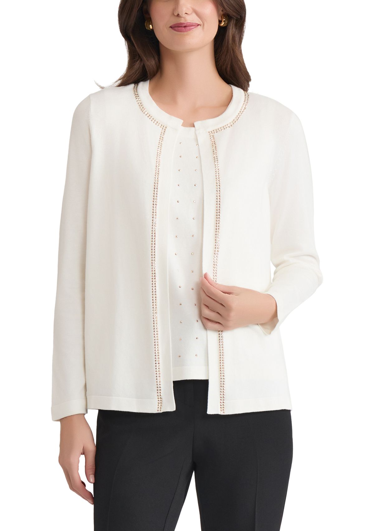 Womens Open Front Cardigan with Heat Set Trim