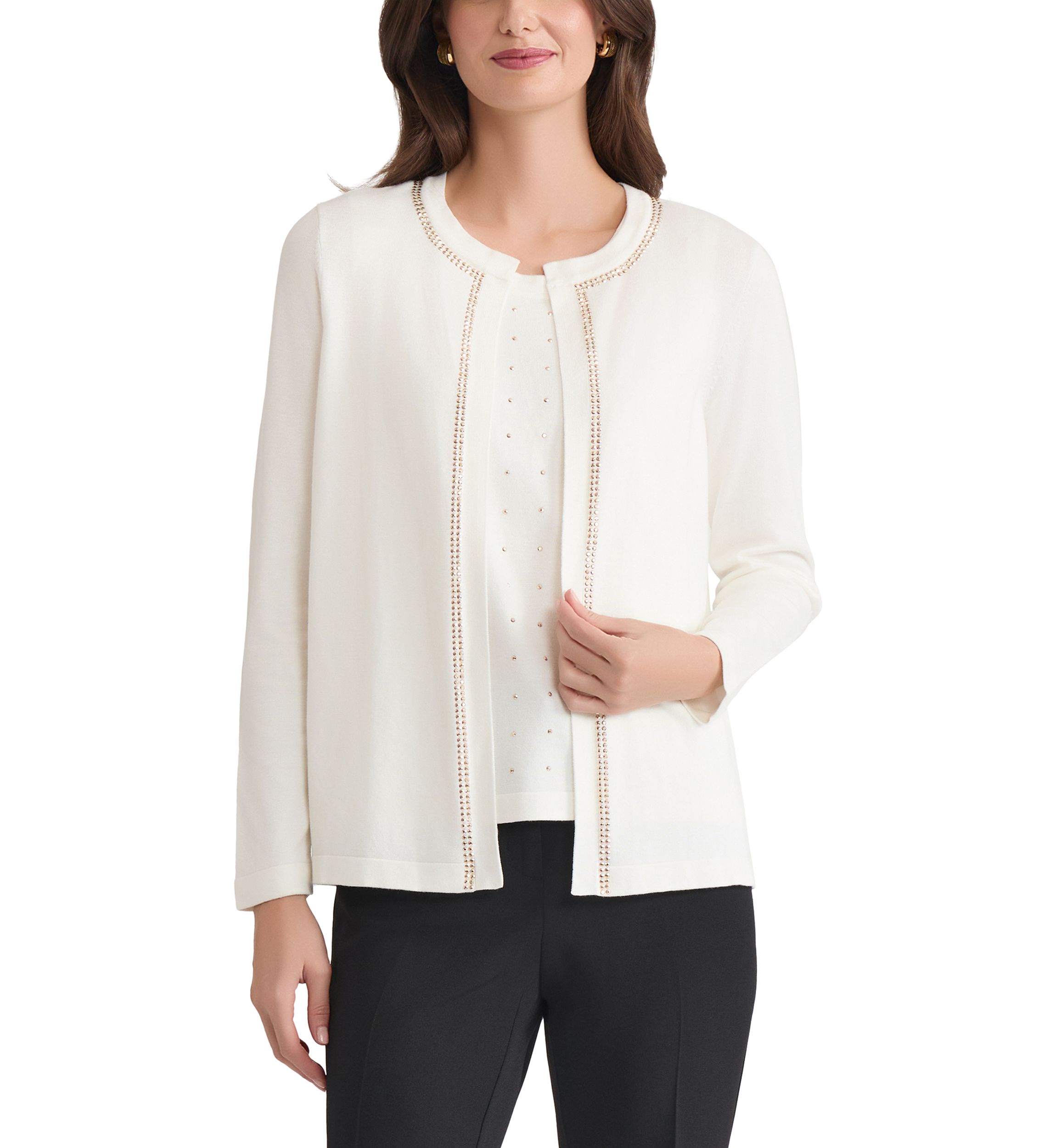 Womens Open Front Cardigan with Heat Set Trim