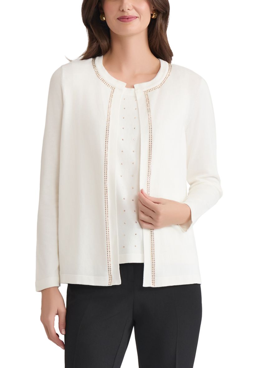 Womens Open Front Cardigan with Heat Set Trim