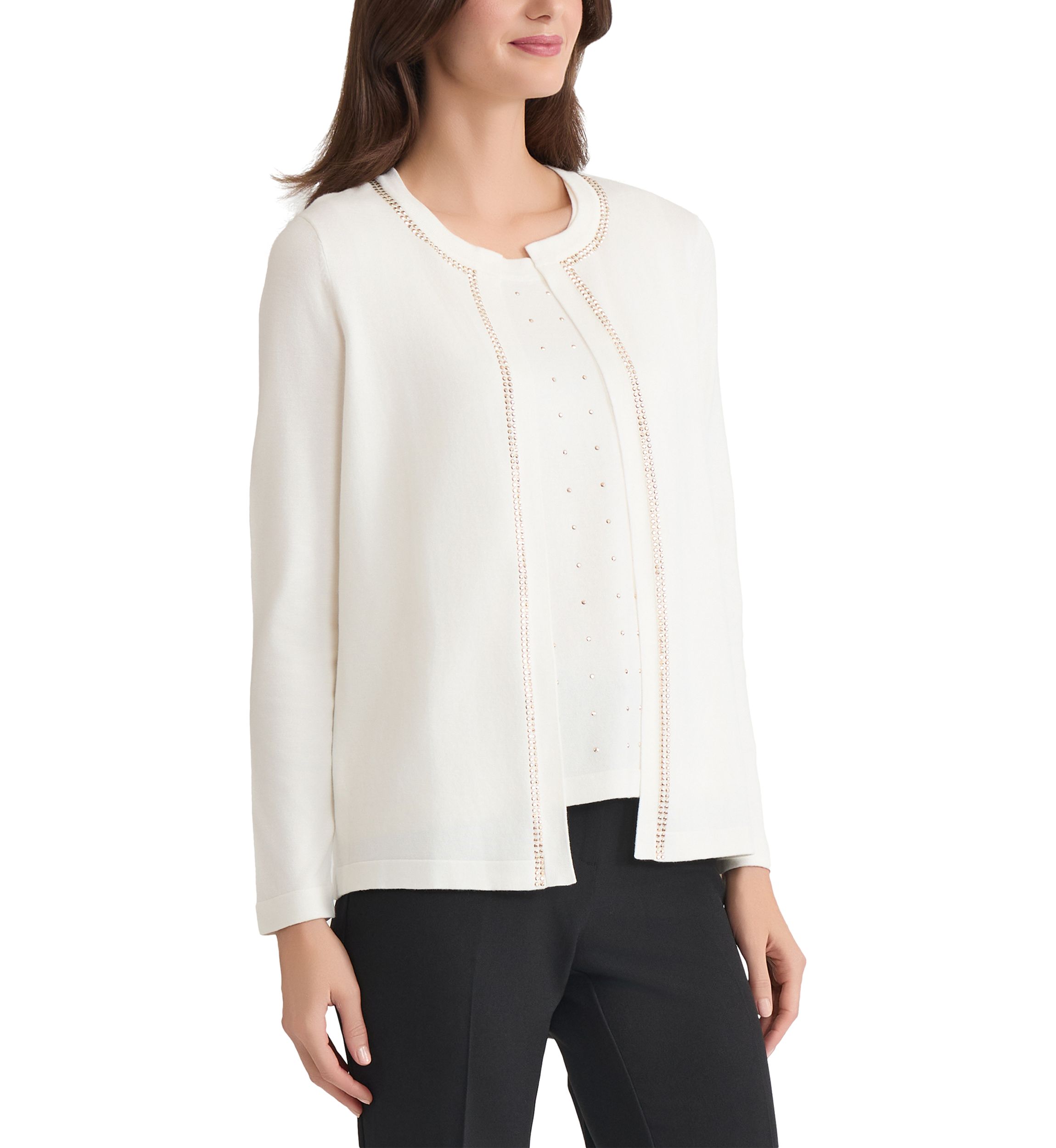 Womens Open Front Cardigan with Heat Set Trim