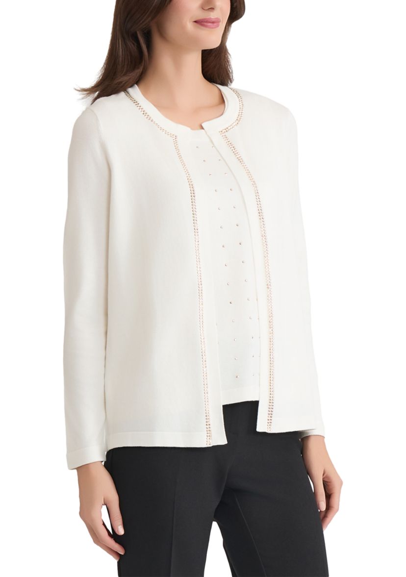 Womens Open Front Cardigan with Heat Set Trim
