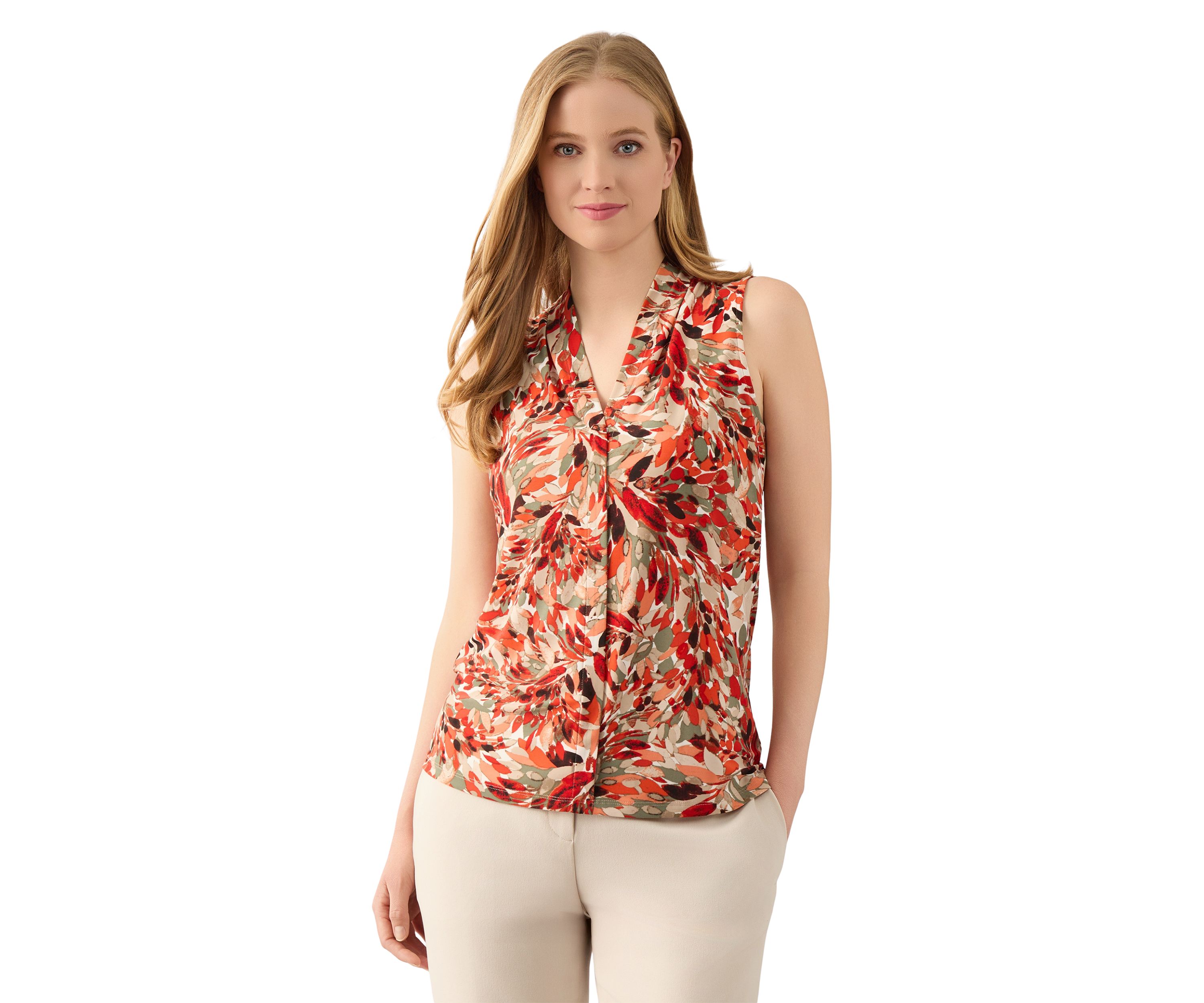 Womens Sleeveless Pleat Neck Placket Front Top 