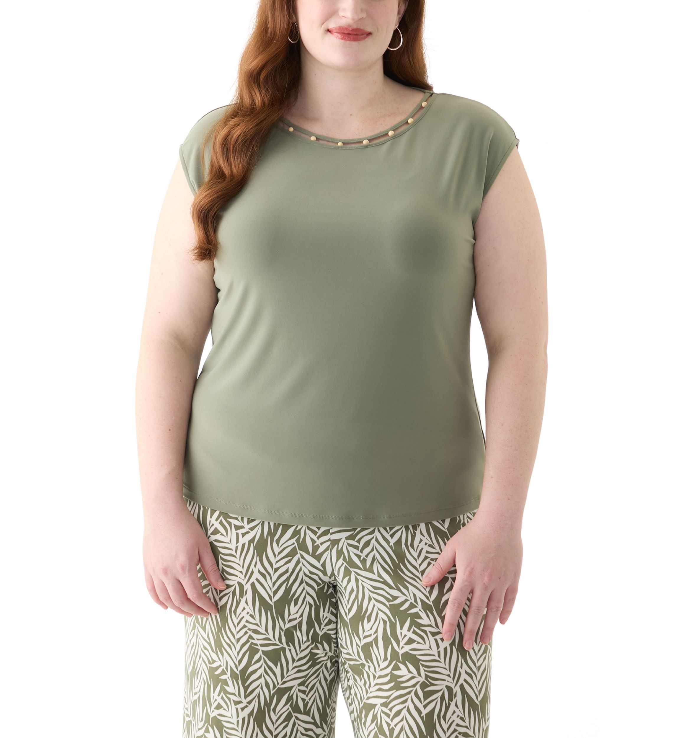 Plus Size Beaded Neck Extended Shoulder Top 