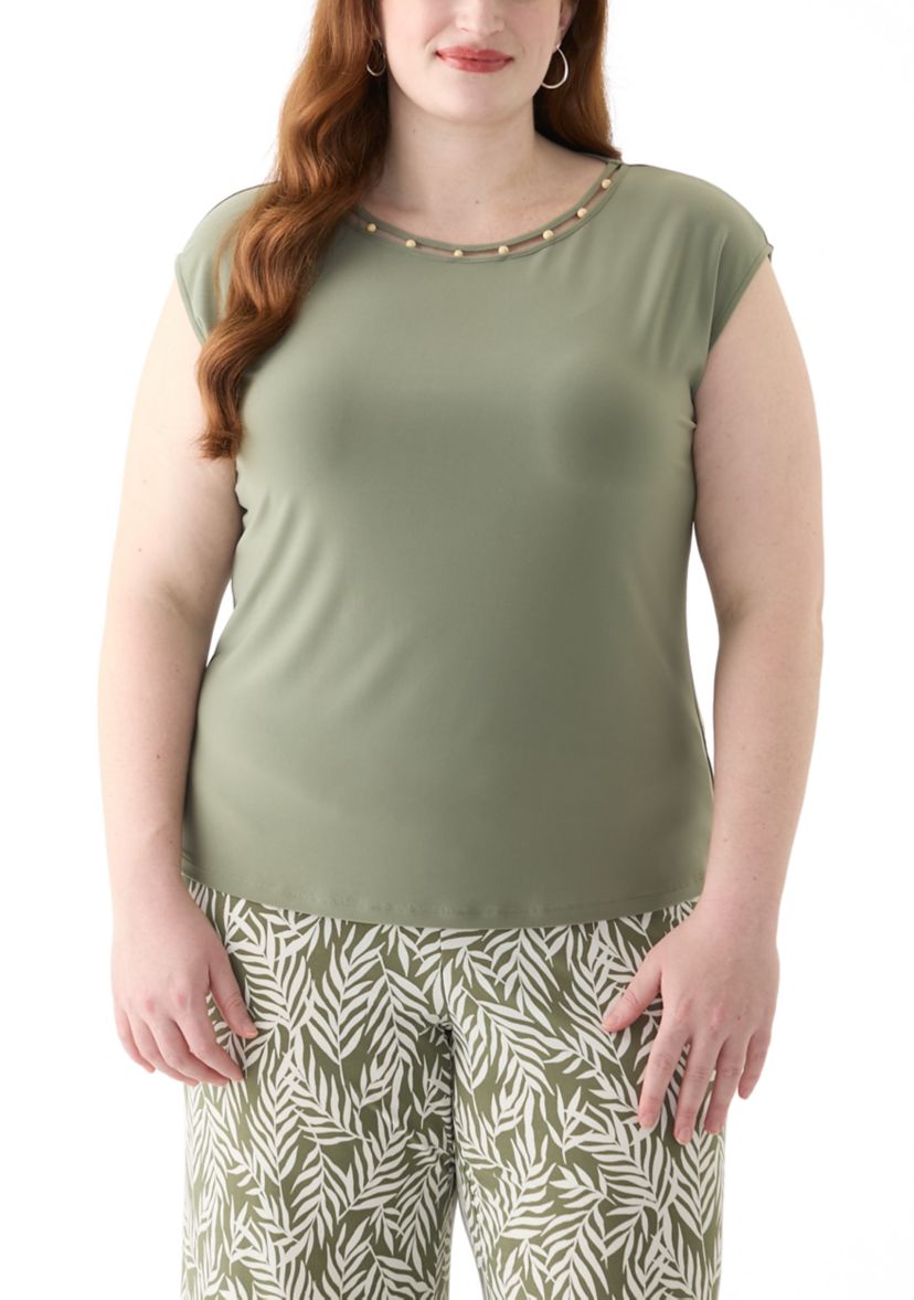 Plus Size Beaded Neck Extended Shoulder Top 