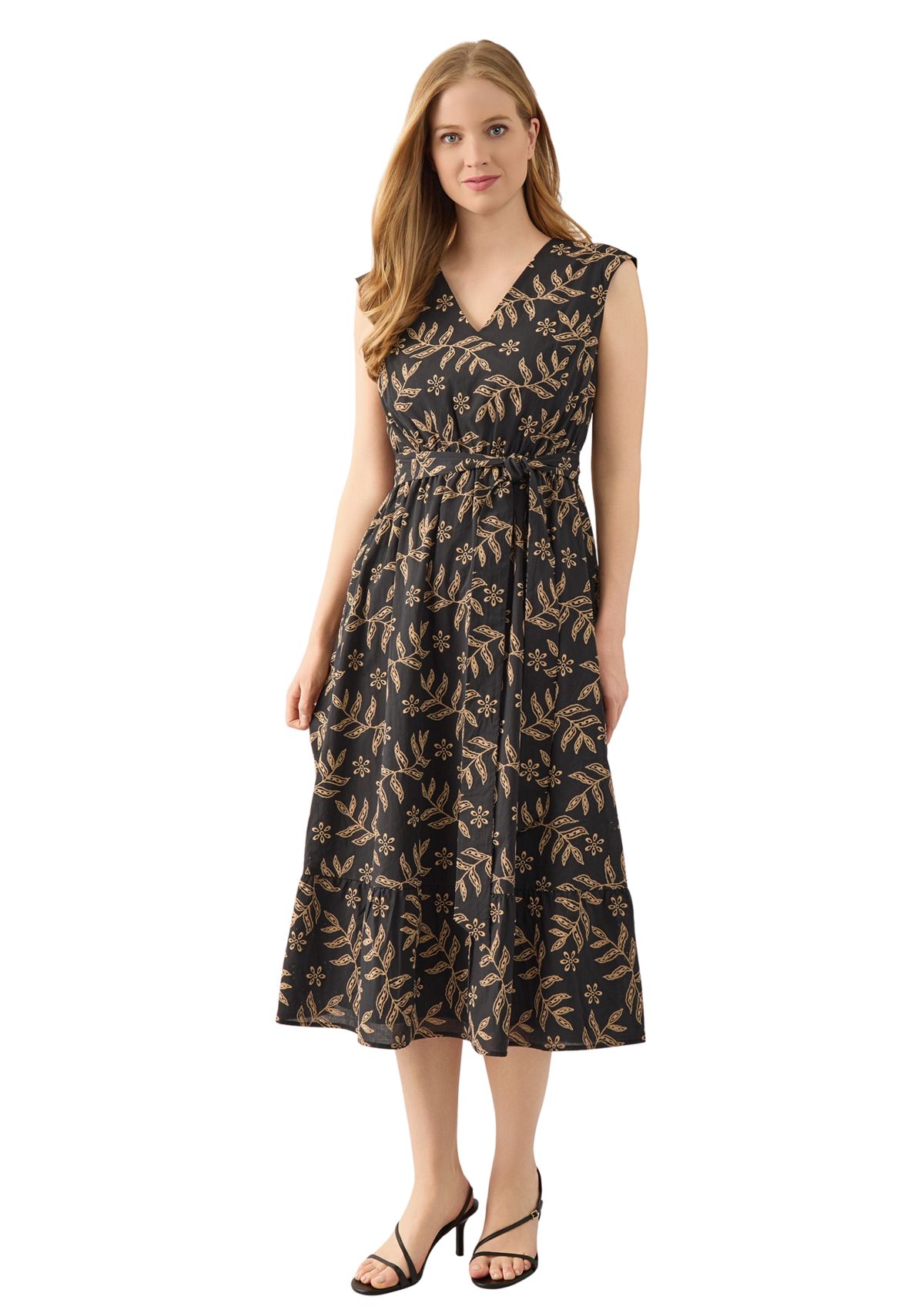 Womens Extended Cap Sleeve V-Neck Midi Tiered Dress