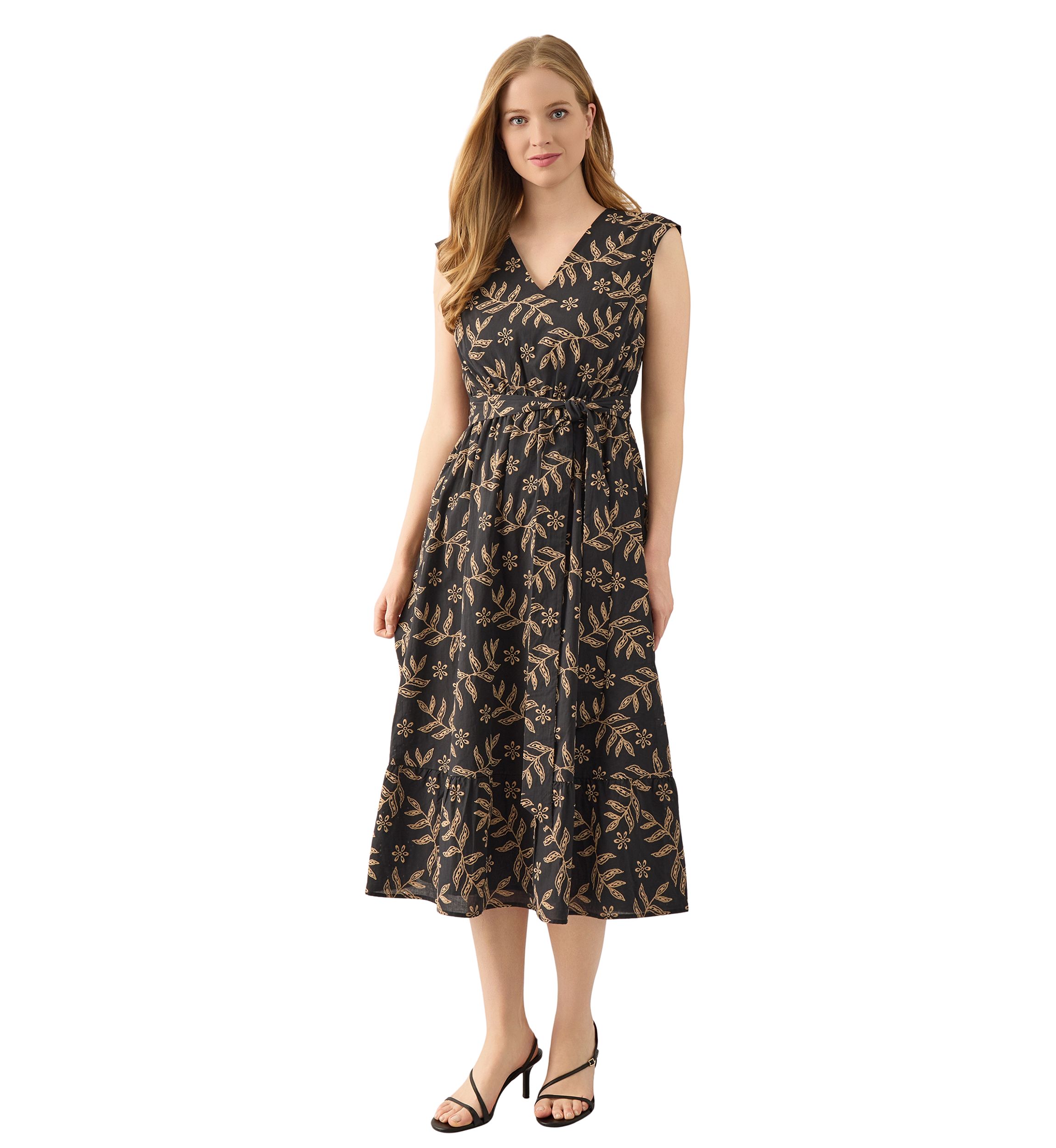 Womens Extended Cap Sleeve V-Neck Midi Tiered Dress