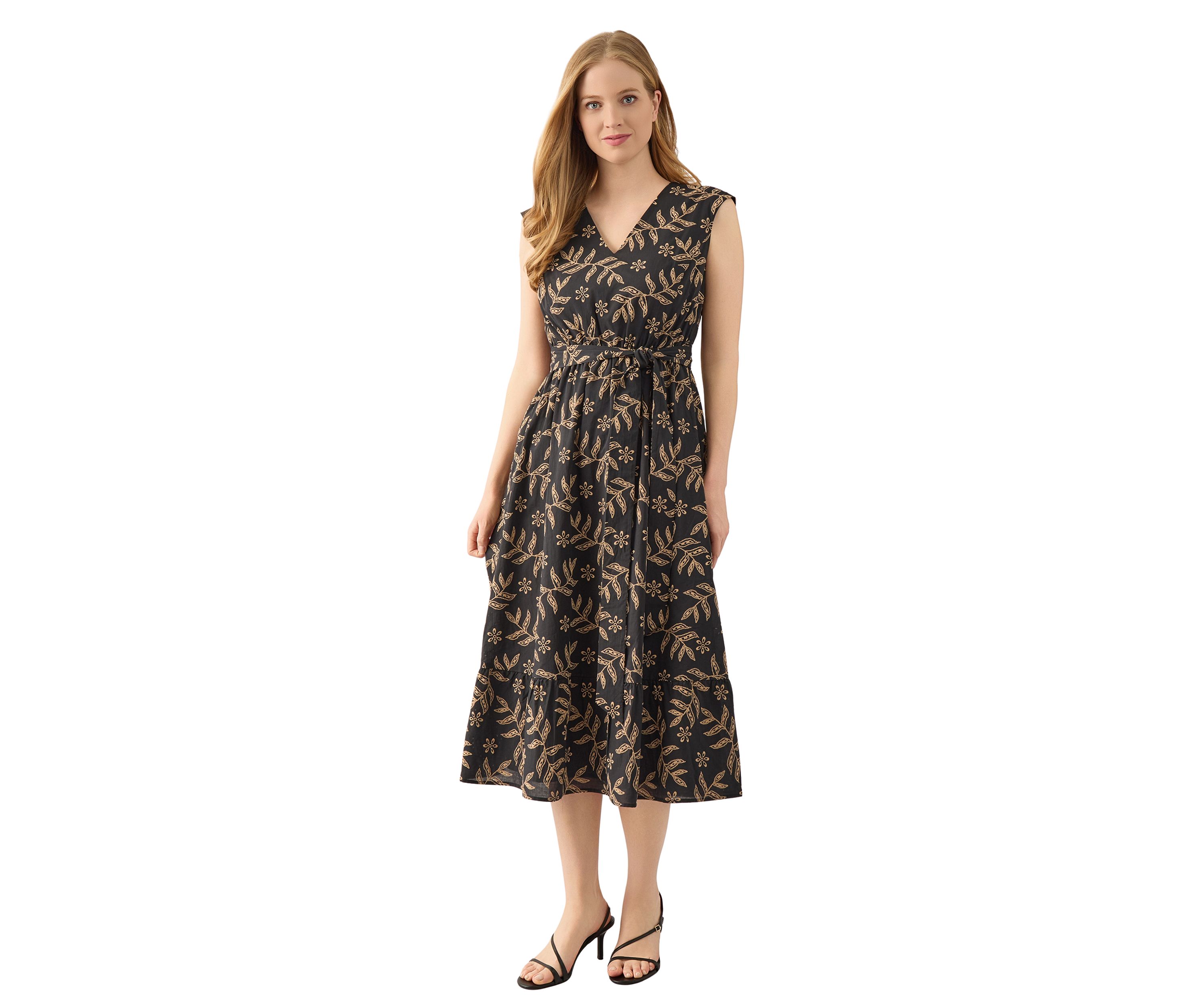 Womens Extended Cap Sleeve V-Neck Midi Tiered Dress