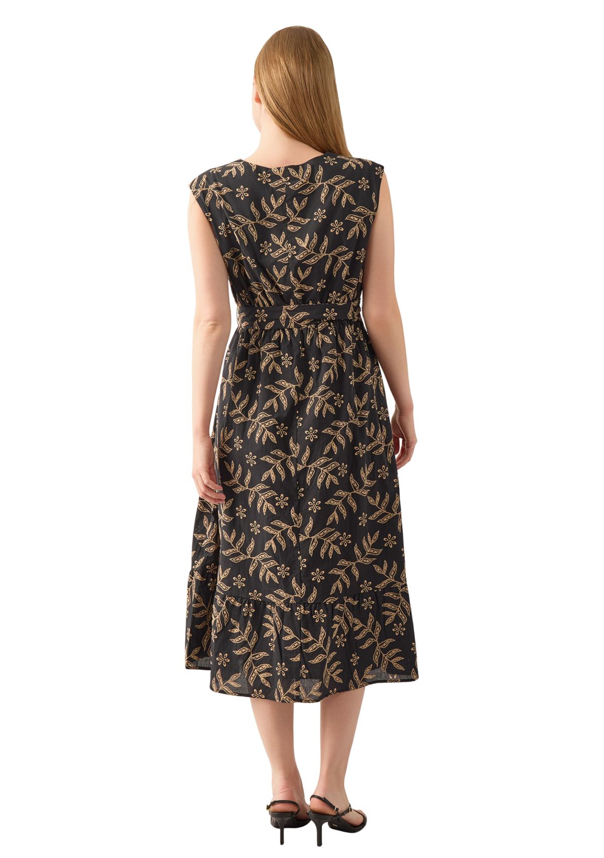 Womens Extended Cap Sleeve V-Neck Midi Tiered Dress